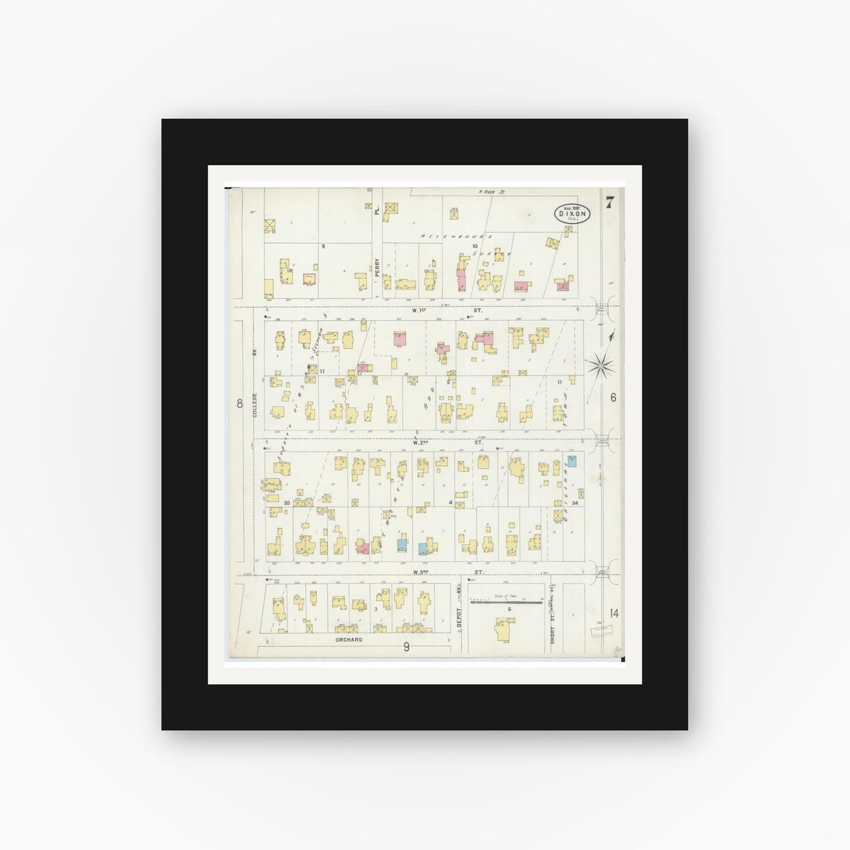 Old map wall art mockup — black gallery frame with white mat — Sanborn Fire Insurance Map from Dixon, Lee County, Illinois (1897), Sheet #0007