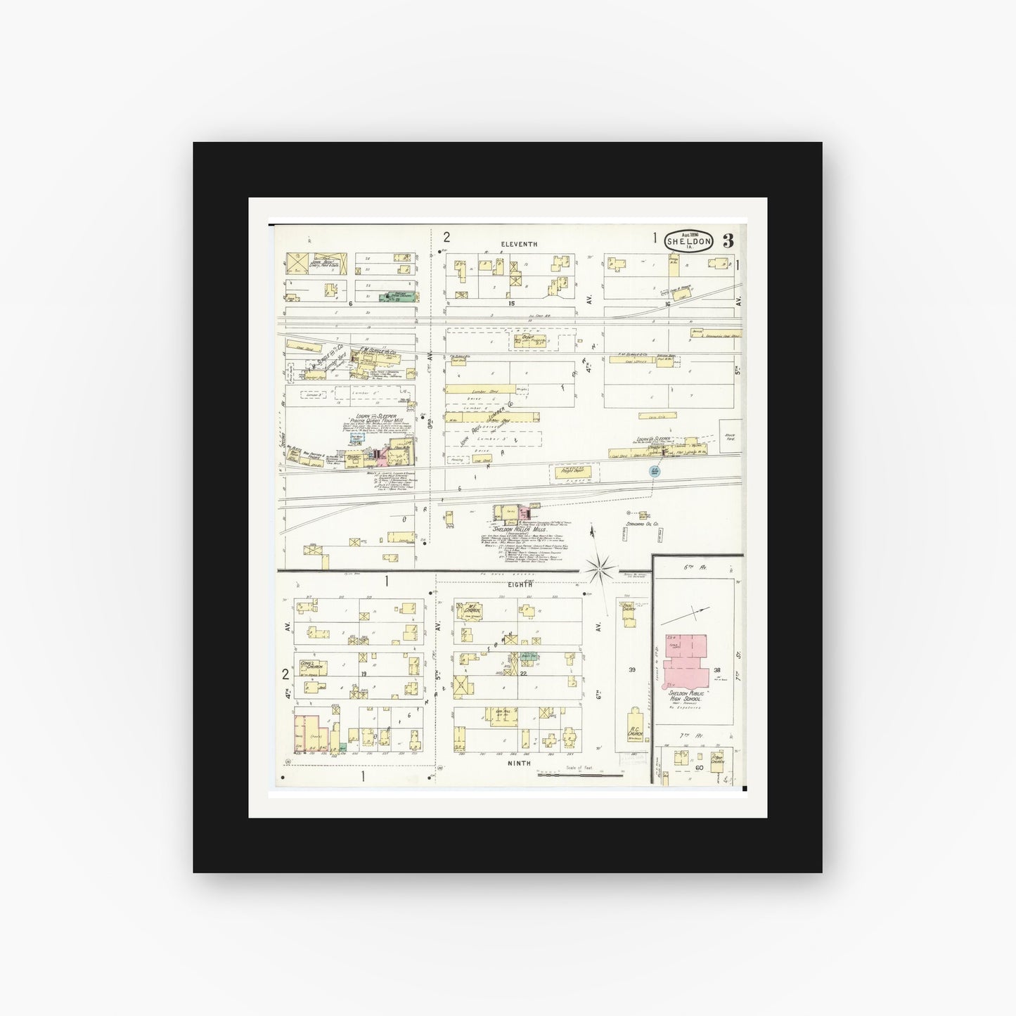 Old map wall art mockup — black gallery frame with white mat — Sanborn Fire Insurance Map from Sheldon, O'Brien County, Iowa (1896), Sheet #0003