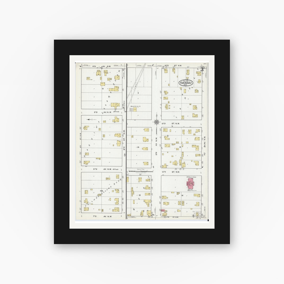 Old map wall art mockup — black gallery frame with white mat — Sanborn Fire Insurance Map from Faribault, Rice County, Minnesota (1921), Sheet #0003