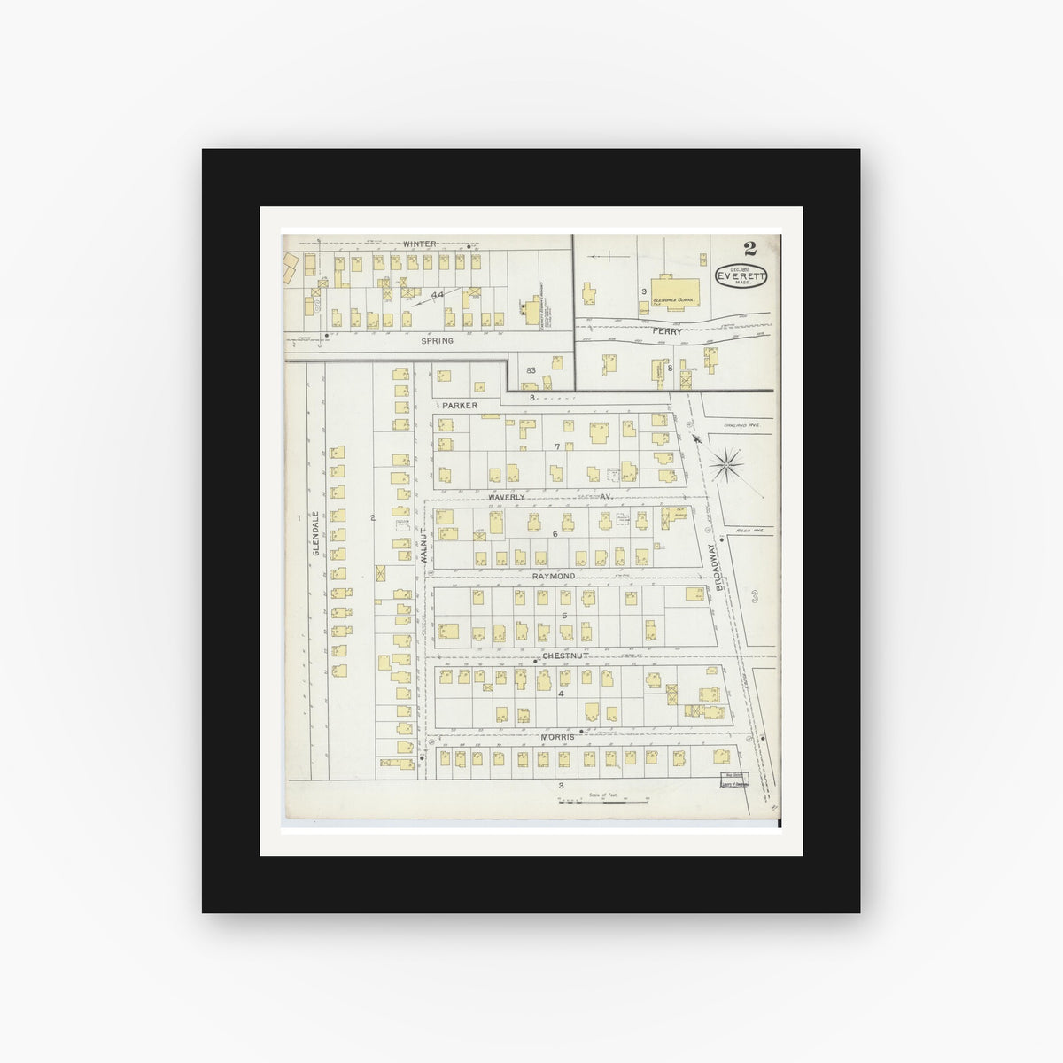 Old map wall art mockup — black gallery frame with white mat — Sanborn Fire Insurance Map from Everett, Middlesex County, Massachusetts (1892), Sheet #0002