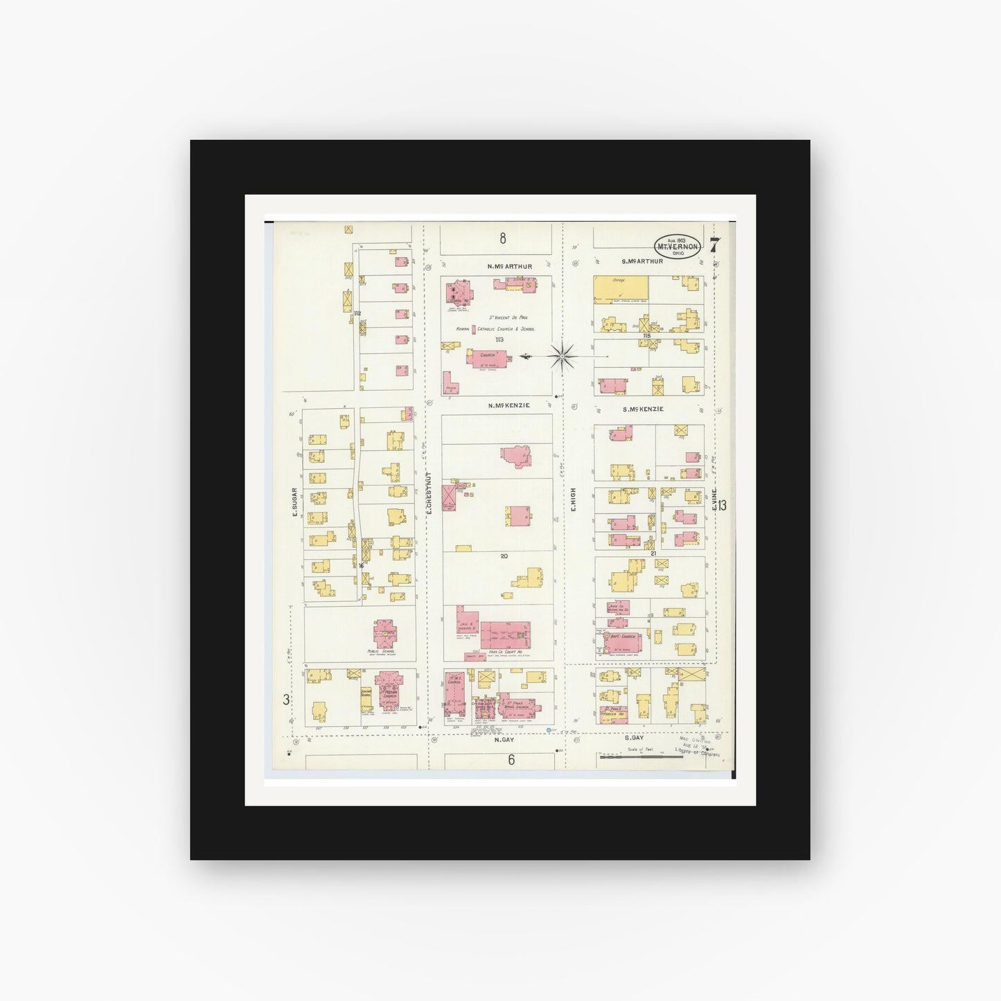 Old map wall art mockup — black gallery frame with white mat — Sanborn Fire Insurance Map from Mount Vernon, Knox County, Ohio (1903), Sheet #0007