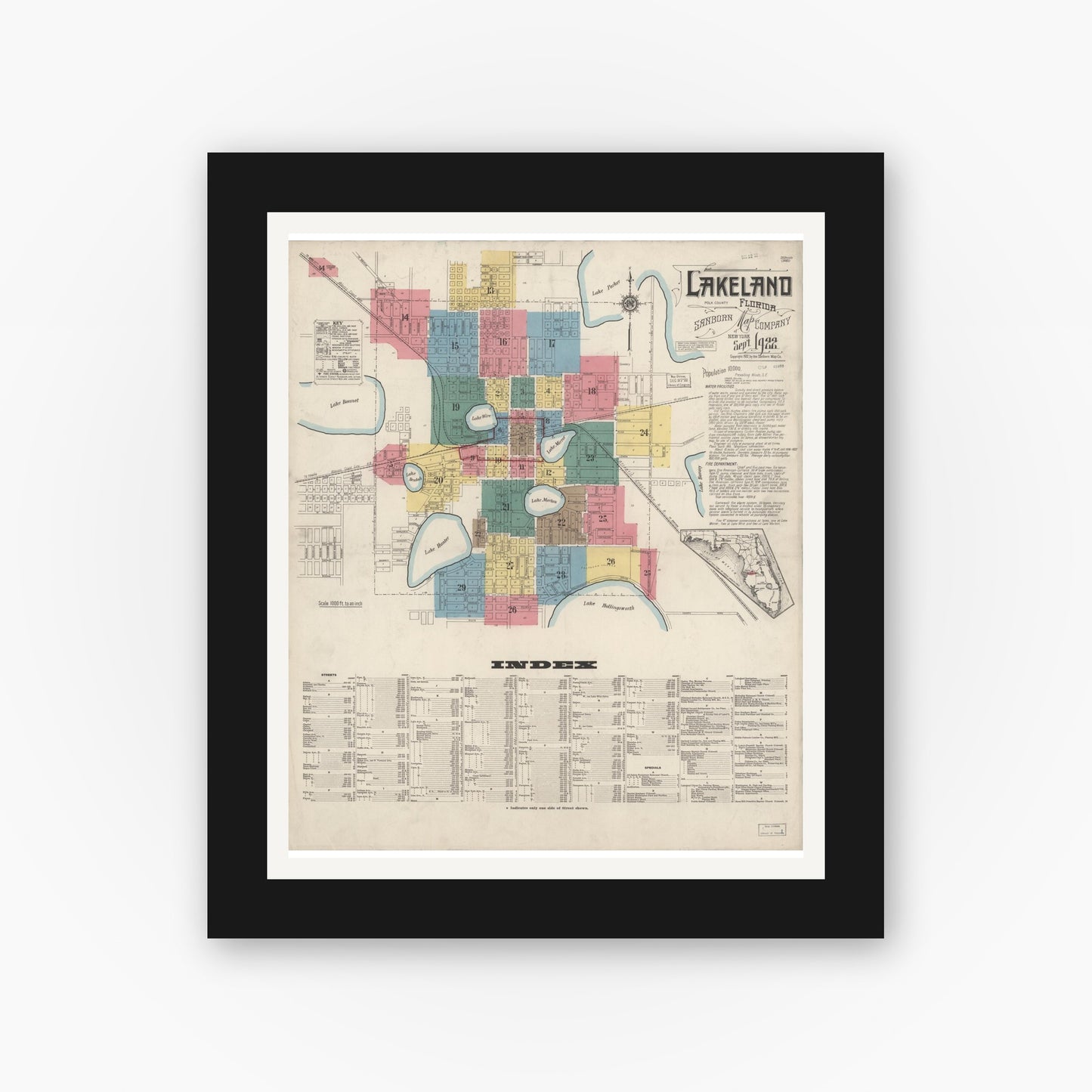 Old map wall art mockup — black gallery frame with white mat — Sanborn Fire Insurance Map from Lakeland, Polk County, Florida (1922) - Complete Map Set