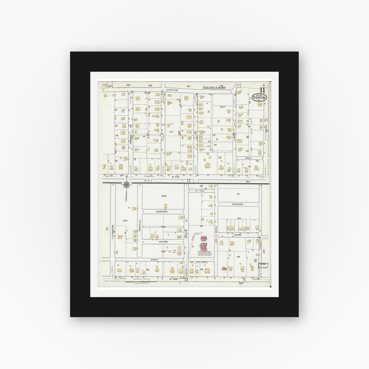 Old map wall art mockup — black gallery frame with white mat — Sanborn Fire Insurance Map from Denton, Denton County, Texas (1921), Sheet #0011