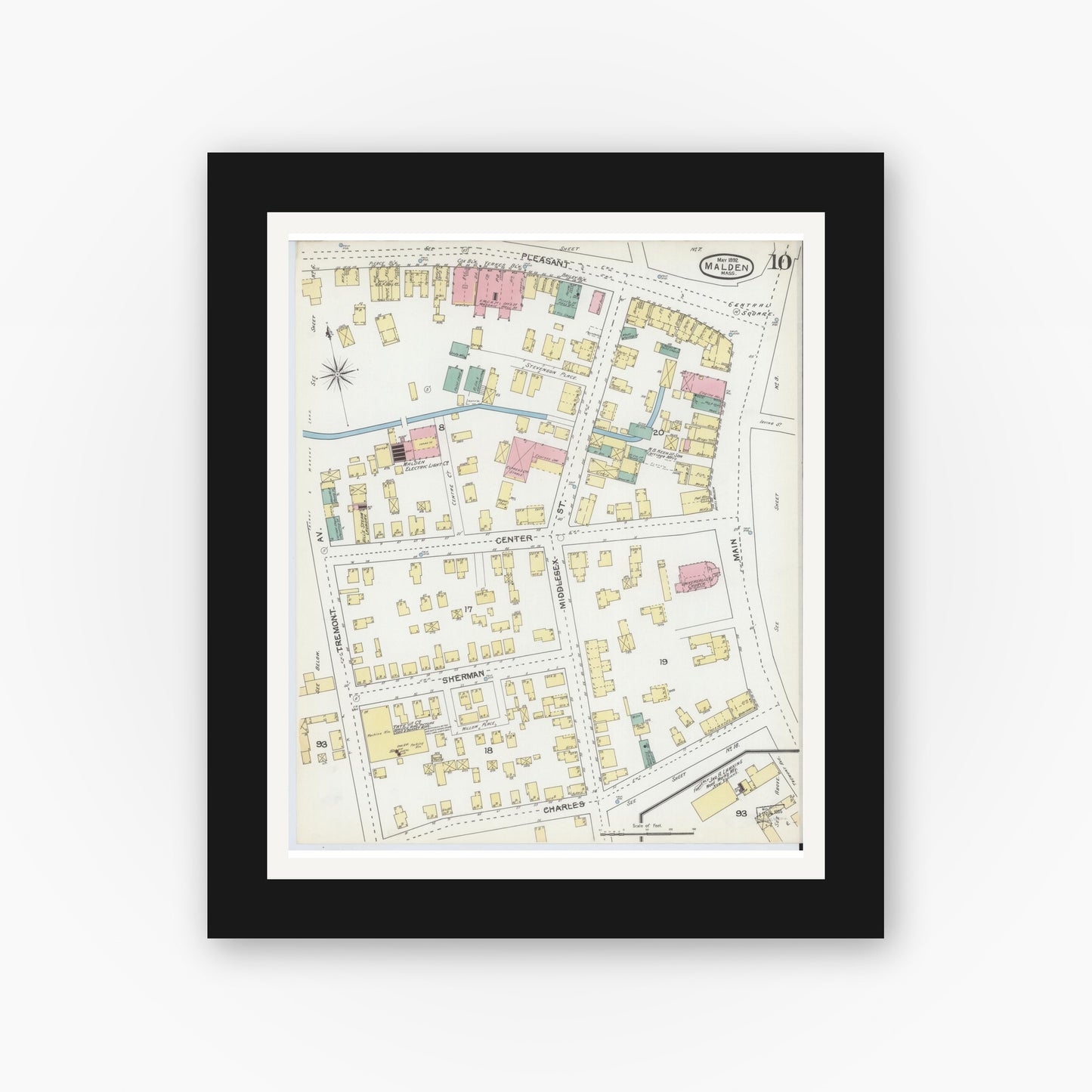 Old map wall art mockup — black gallery frame with white mat — Sanborn Fire Insurance Map from Malden, Middlesex County, Massachusetts (1892), Sheet #0010