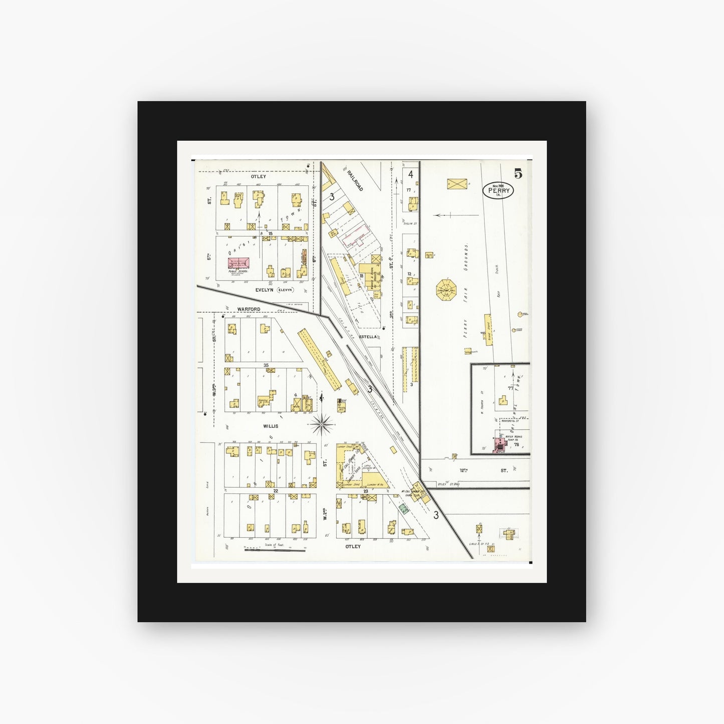 Old map wall art mockup — black gallery frame with white mat — Sanborn Fire Insurance Map from Perry, Dallas County, Iowa (1900), Sheet #0005