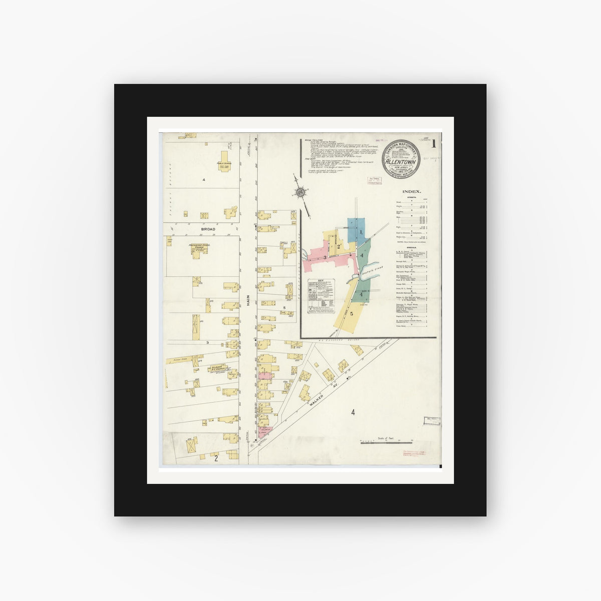 Old map wall art mockup — black gallery frame with white mat — Sanborn Fire Insurance Map from Allentown, Monmouth County, New Jersey (1910) - Complete Map Set