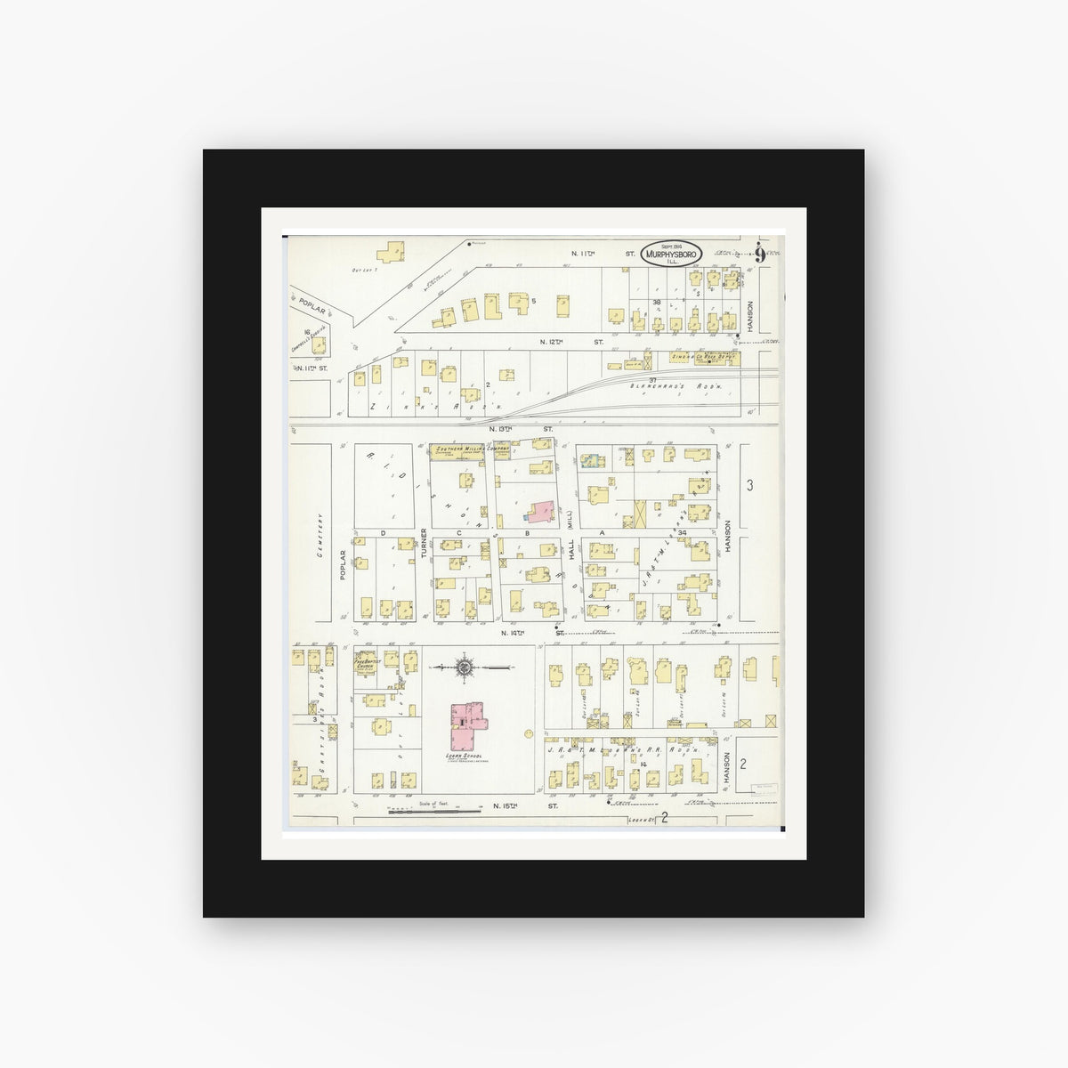 Old map wall art mockup — black gallery frame with white mat — Sanborn Fire Insurance Map from Murphysboro, Jackson County, Illinois (1914), Sheet #0009