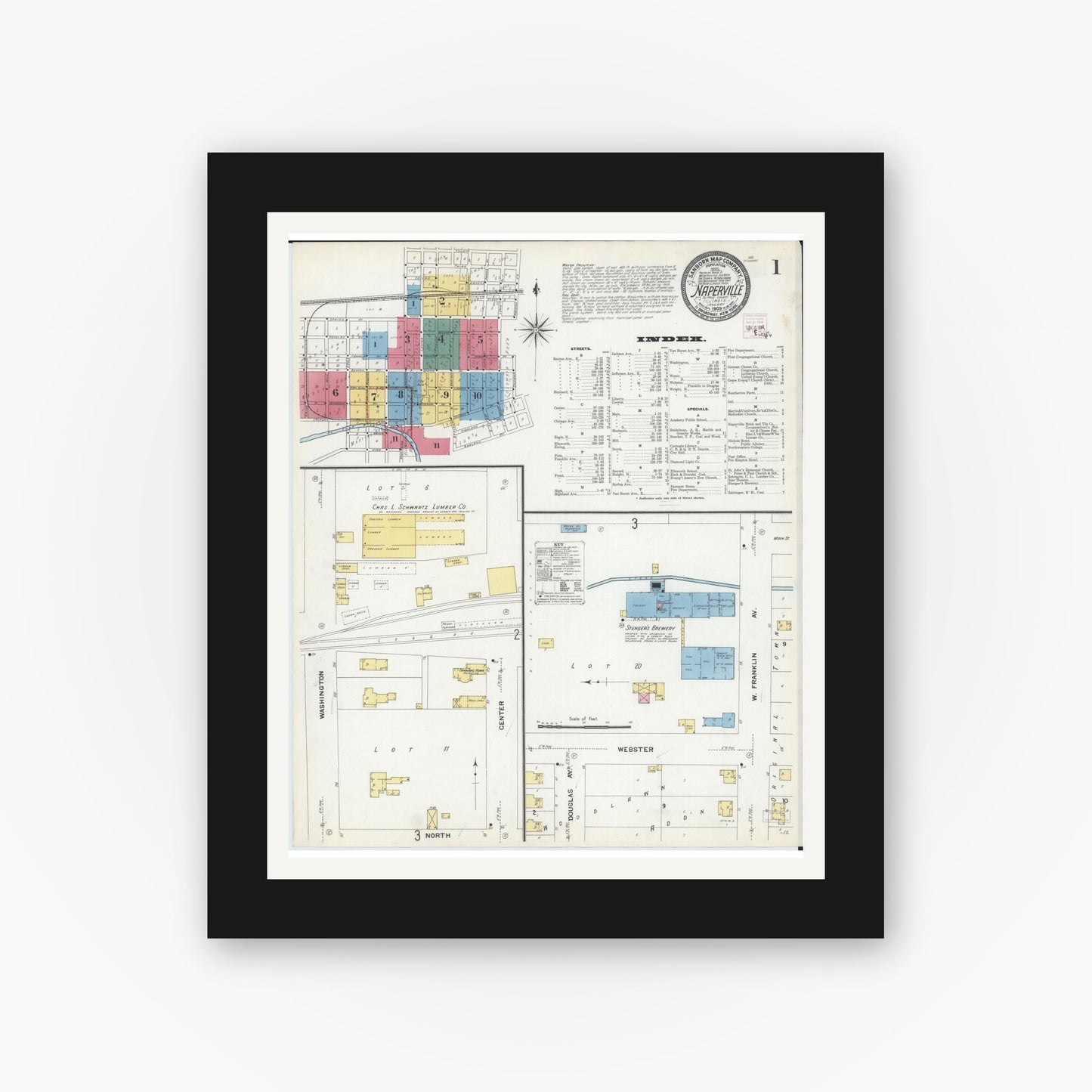 Old map wall art mockup — black gallery frame with white mat — Sanborn Fire Insurance Map from Naperville, Du Page County, Illinois (1909) - Complete Map Set