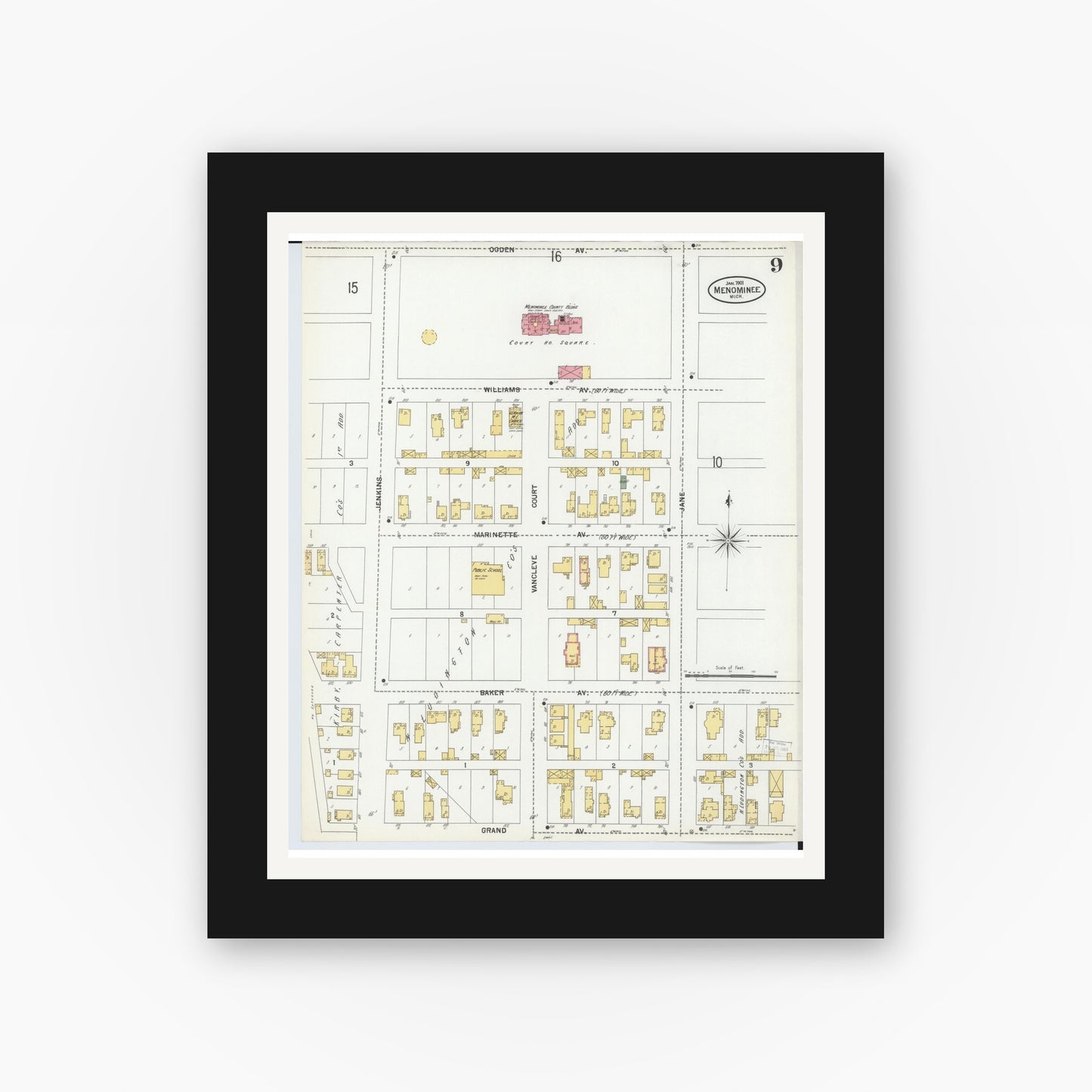 Old map wall art mockup — black gallery frame with white mat — Sanborn Fire Insurance Map from Menominee, Menominee County, Michigan (1901), Sheet #0009
