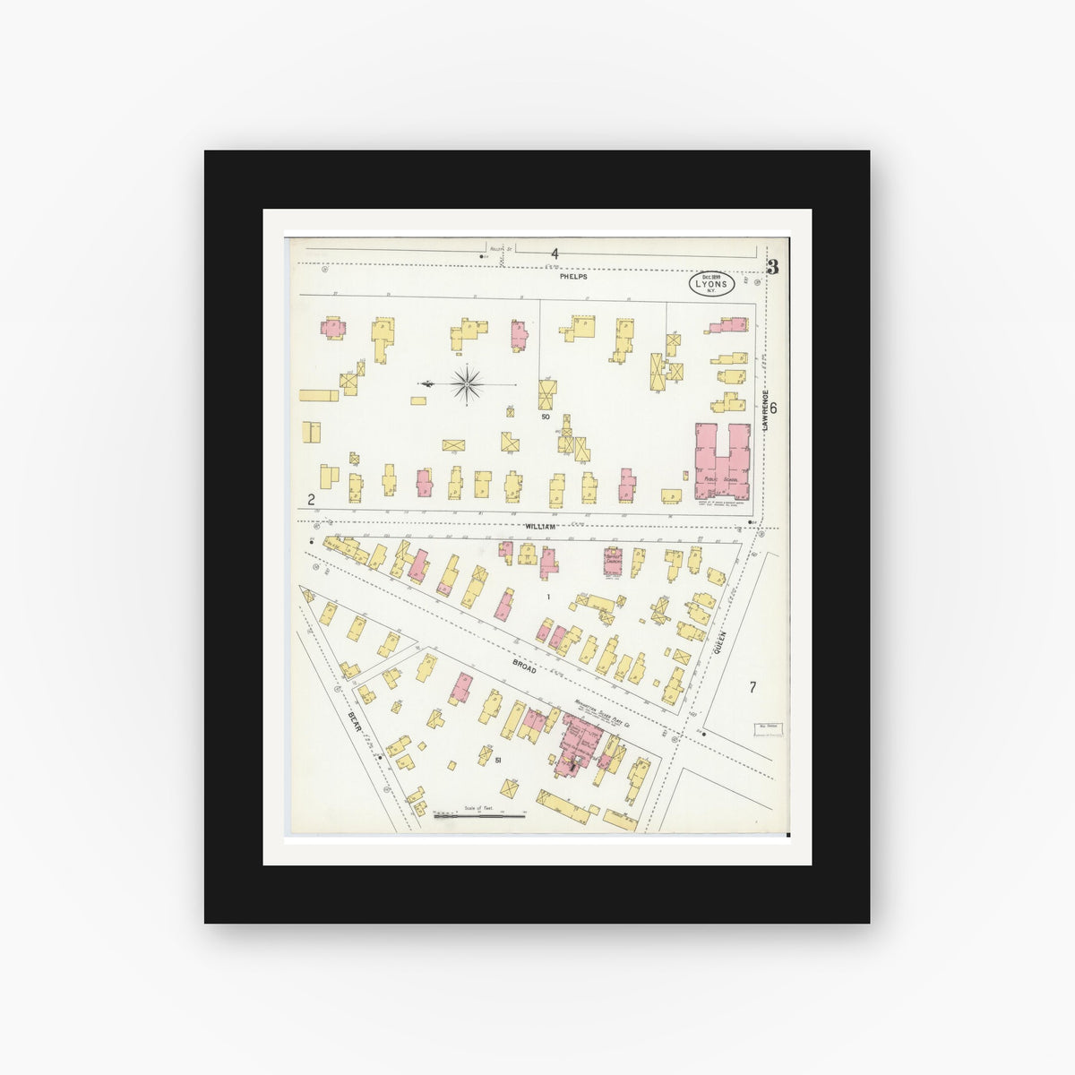 Old map wall art mockup — black gallery frame with white mat — Sanborn Fire Insurance Map from Lyons, Wayne County, New York (1899), Sheet #0003