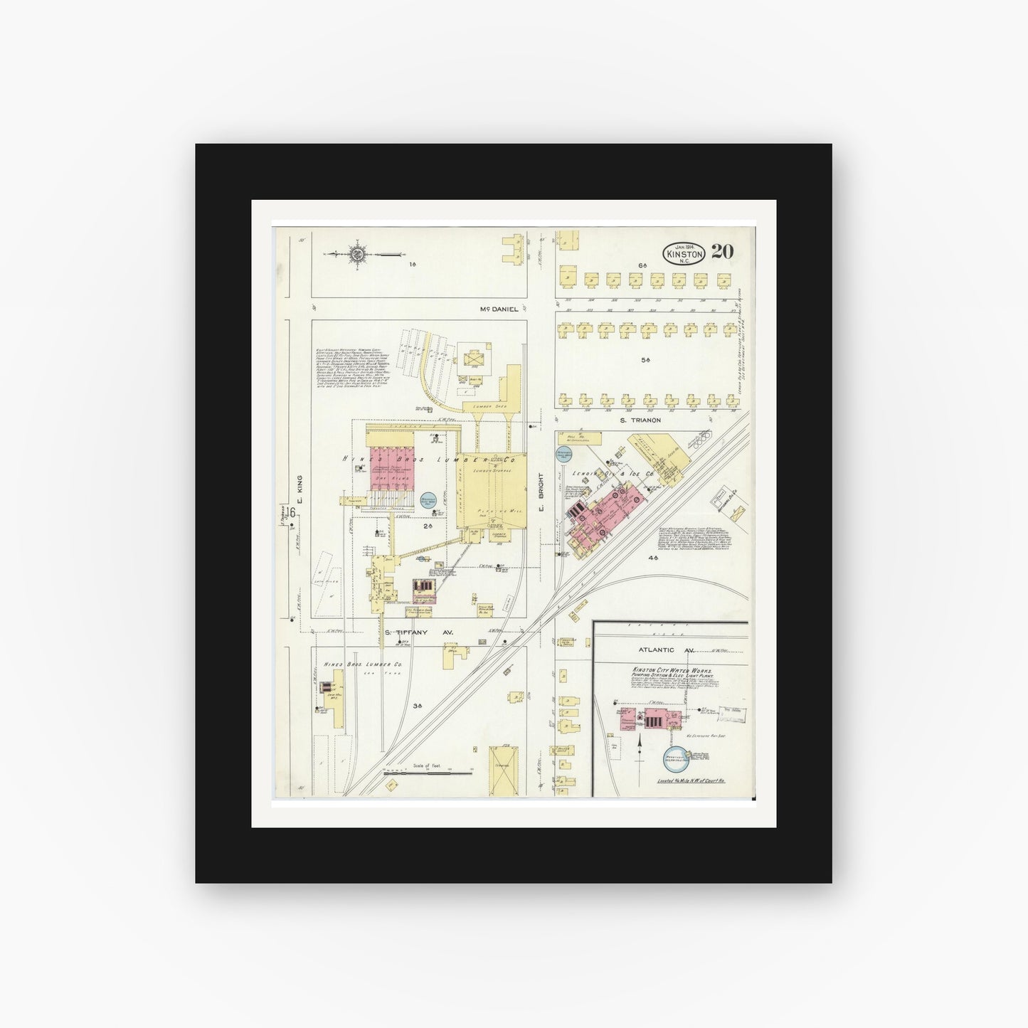 Old map wall art mockup — black gallery frame with white mat — Sanborn Fire Insurance Map from Kinston, Lenoir County, North Carolina (1914), Sheet #0020