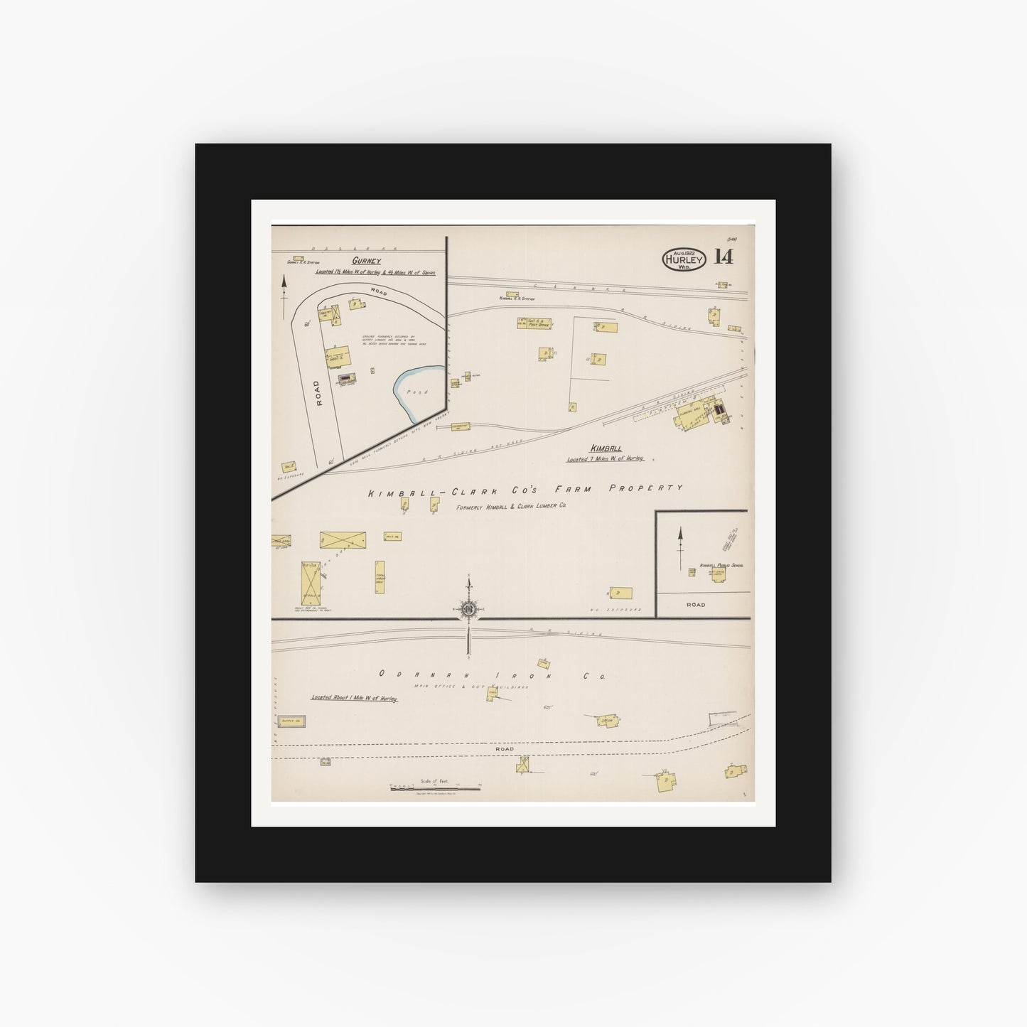 Old map wall art mockup — black gallery frame with white mat — Sanborn Fire Insurance Map from Hurley, Iron County, Wisconsin (1922), Sheet #0014