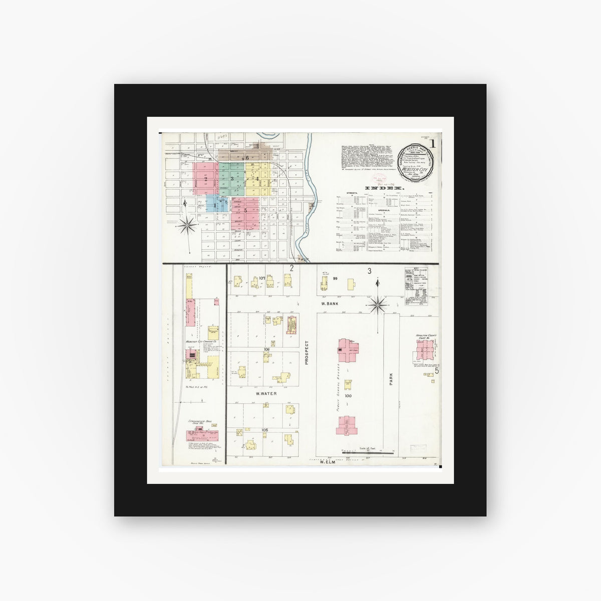 Old map wall art mockup — black gallery frame with white mat — Sanborn Fire Insurance Map from Webster City, Hamilton County, Iowa (1896) — Complete Set