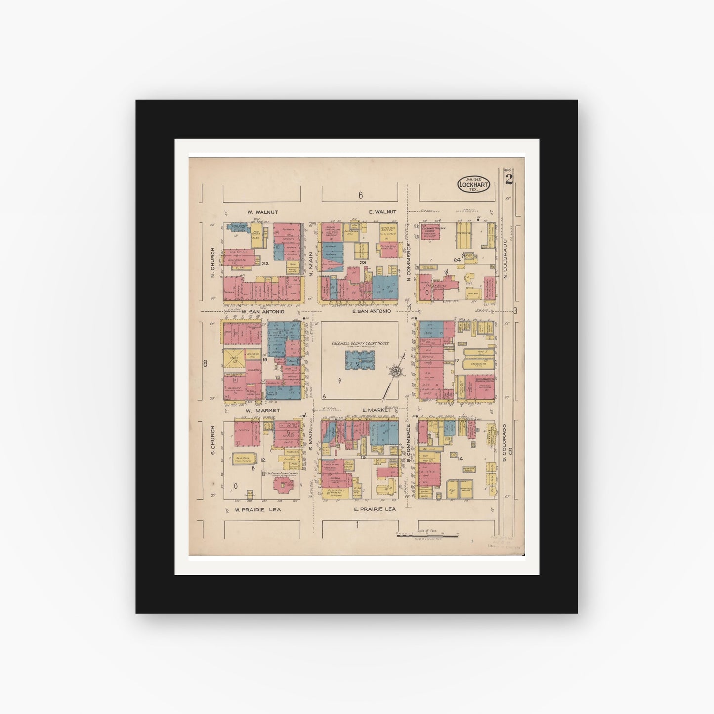 Old map wall art mockup — black gallery frame with white mat — Sanborn Fire Insurance Map from Lockhart, Caldwell County, Texas (1922), Sheet #0002