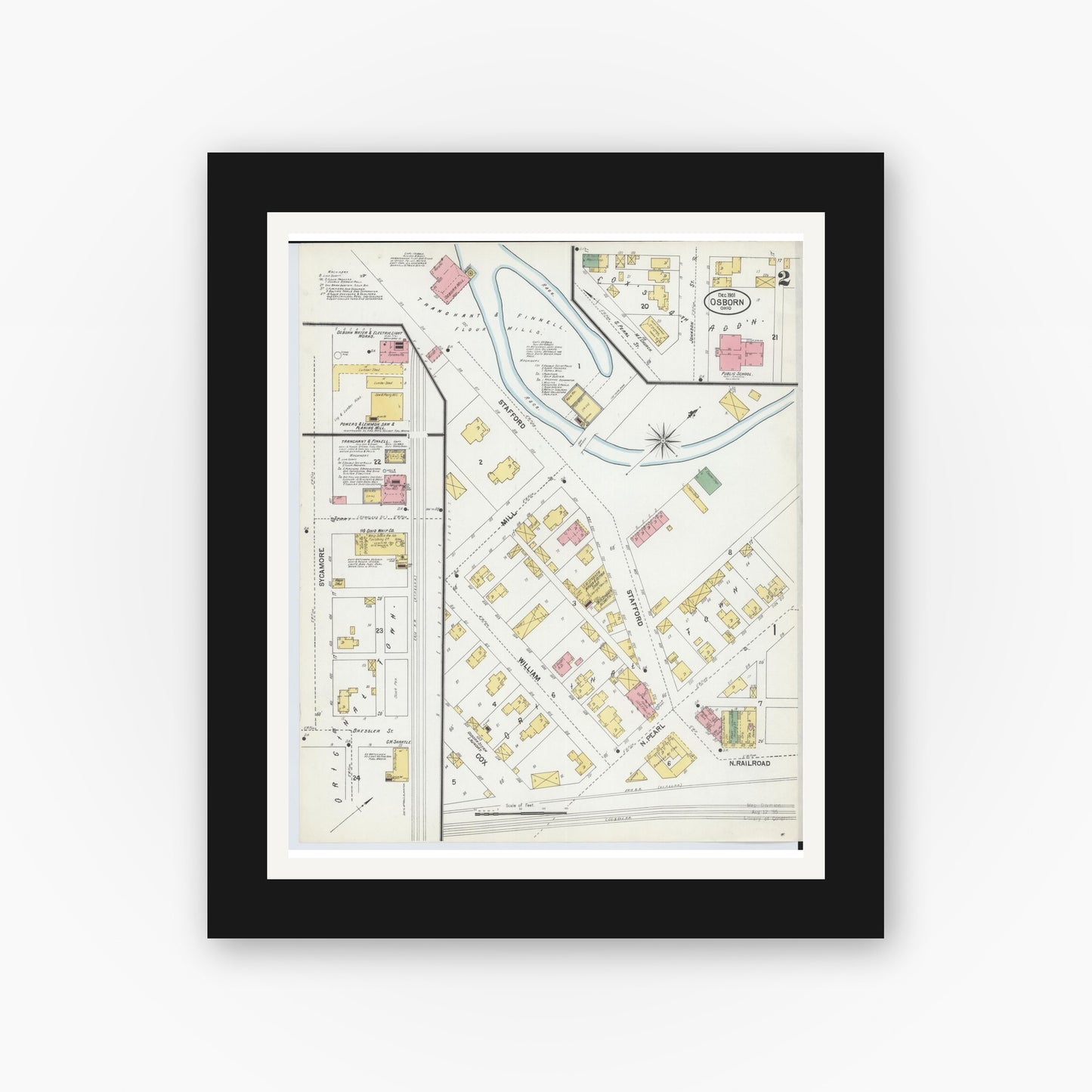 Old map wall art mockup — black gallery frame with white mat — Sanborn Fire Insurance Map from Osborn, Greene County, Ohio (1901), Sheet #0002