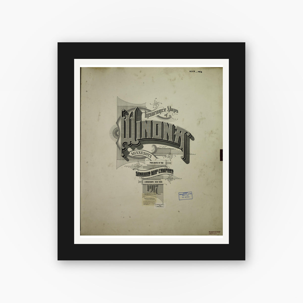 Old map wall art mockup — black gallery frame with white mat — Sanborn Fire Insurance Map from Winona, Winona County, Minnesota (1949), Sheet #0001