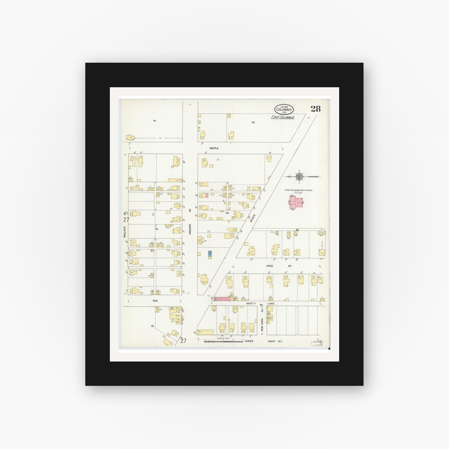 Old map wall art mockup — black gallery frame with white mat — Sanborn Fire Insurance Map from Columbus, Bartholomew County, Indiana (1912), Sheet #0028