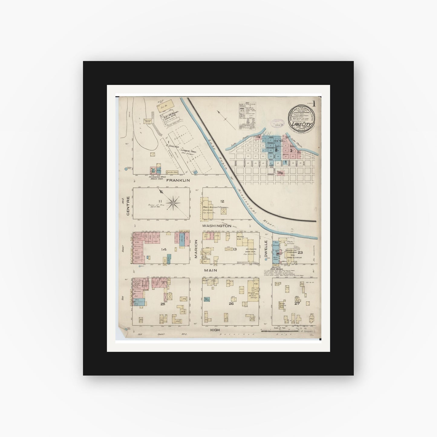 Old map wall art mockup — black gallery frame with white mat — Sanborn Fire Insurance Map from Lake City, Wabasha County, Minnesota (1885), Sheet #0001