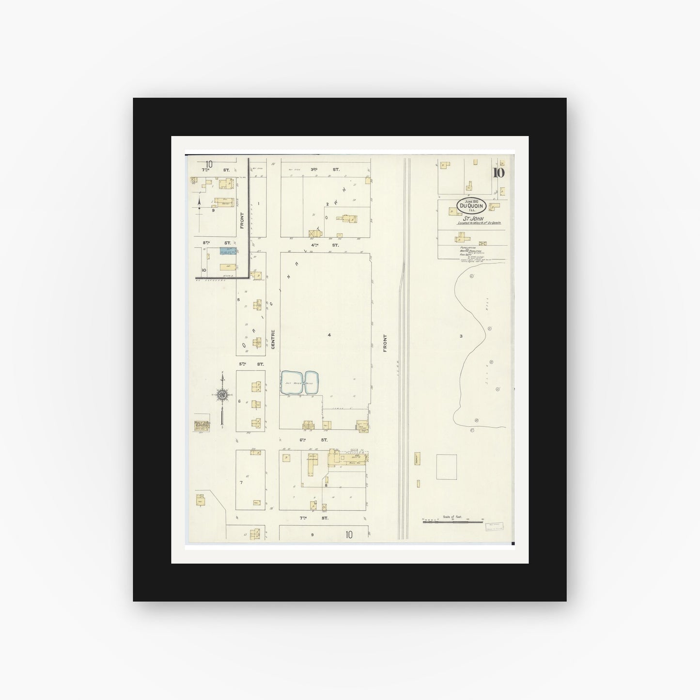 Old map wall art mockup — black gallery frame with white mat — Sanborn Fire Insurance Map from Du Quoin, Perry County, Illinois (1910), Sheet #0010