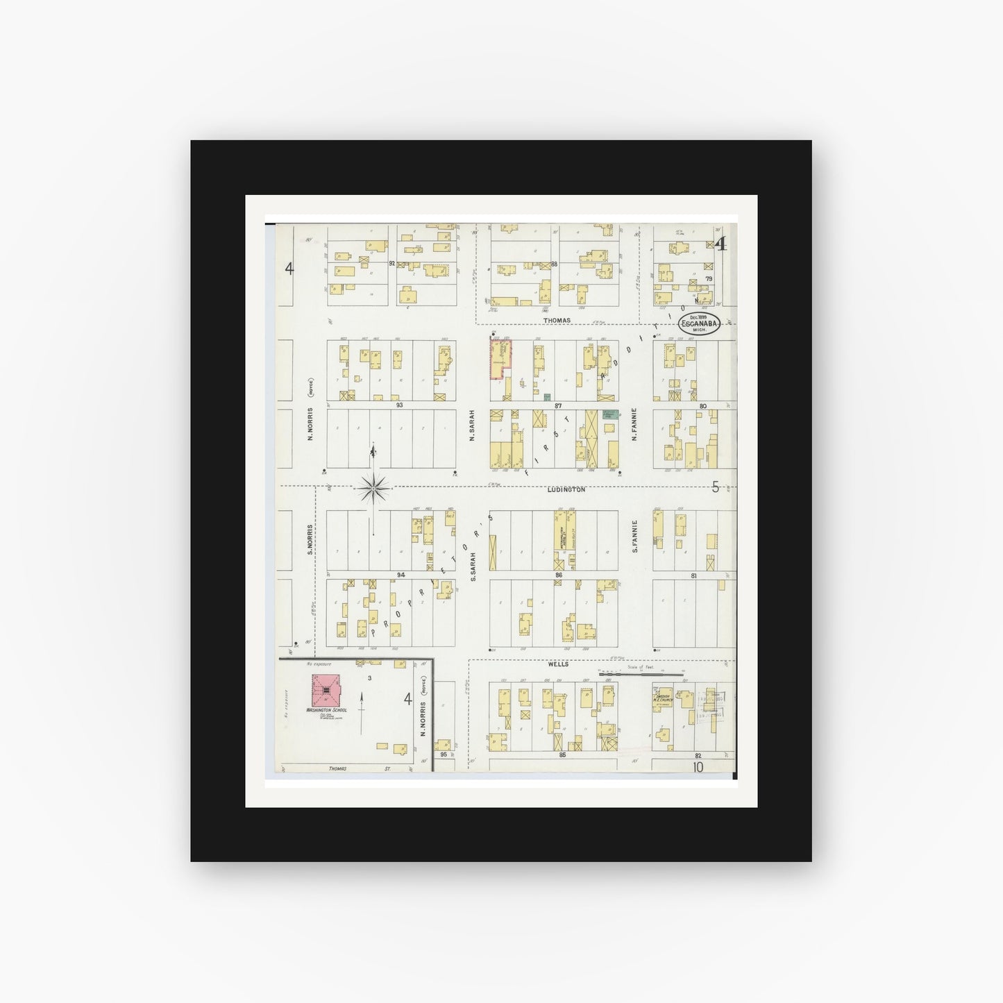 Old map wall art mockup — black gallery frame with white mat — Sanborn Fire Insurance Map from Escanaba, Delta County, Michigan (1899), Sheet #0004