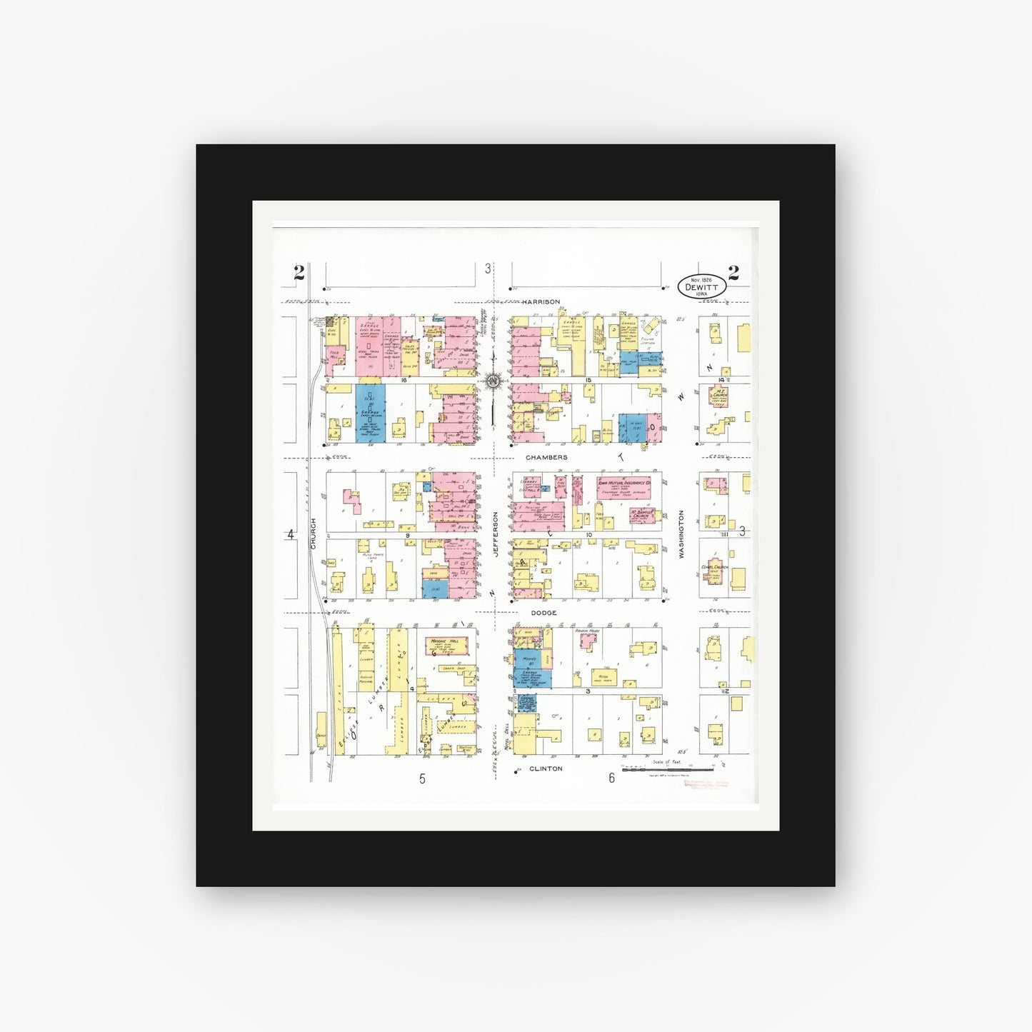 Old map wall art mockup — black gallery frame with white mat — Sanborn Fire Insurance Map from De Witt, Clinton County, Iowa (1926), Sheet #0002