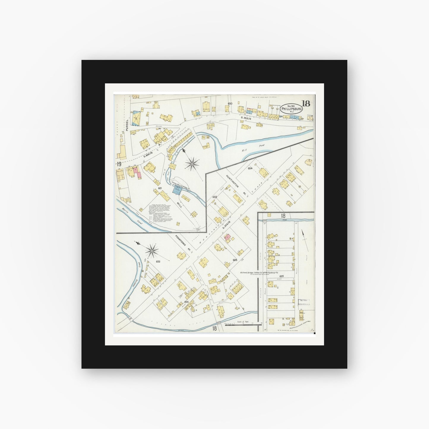 Old map wall art mockup — black gallery frame with white mat — Sanborn Fire Insurance Map from Phillipsburg, Warren County, New Jersey (1903), Sheet #0018