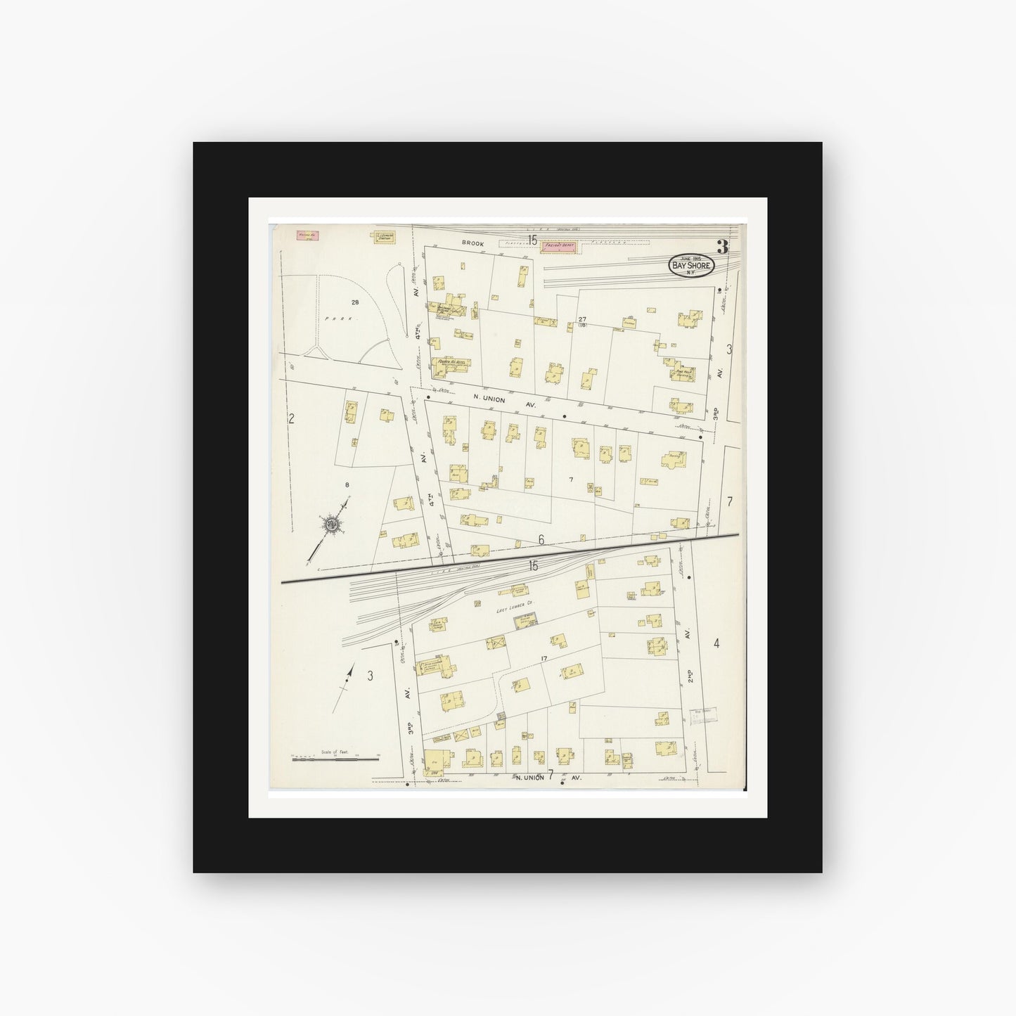 Old map wall art mockup — black gallery frame with white mat — Sanborn Fire Insurance Map from Bay Shore, Suffolk County, New York (1915), Sheet #0003