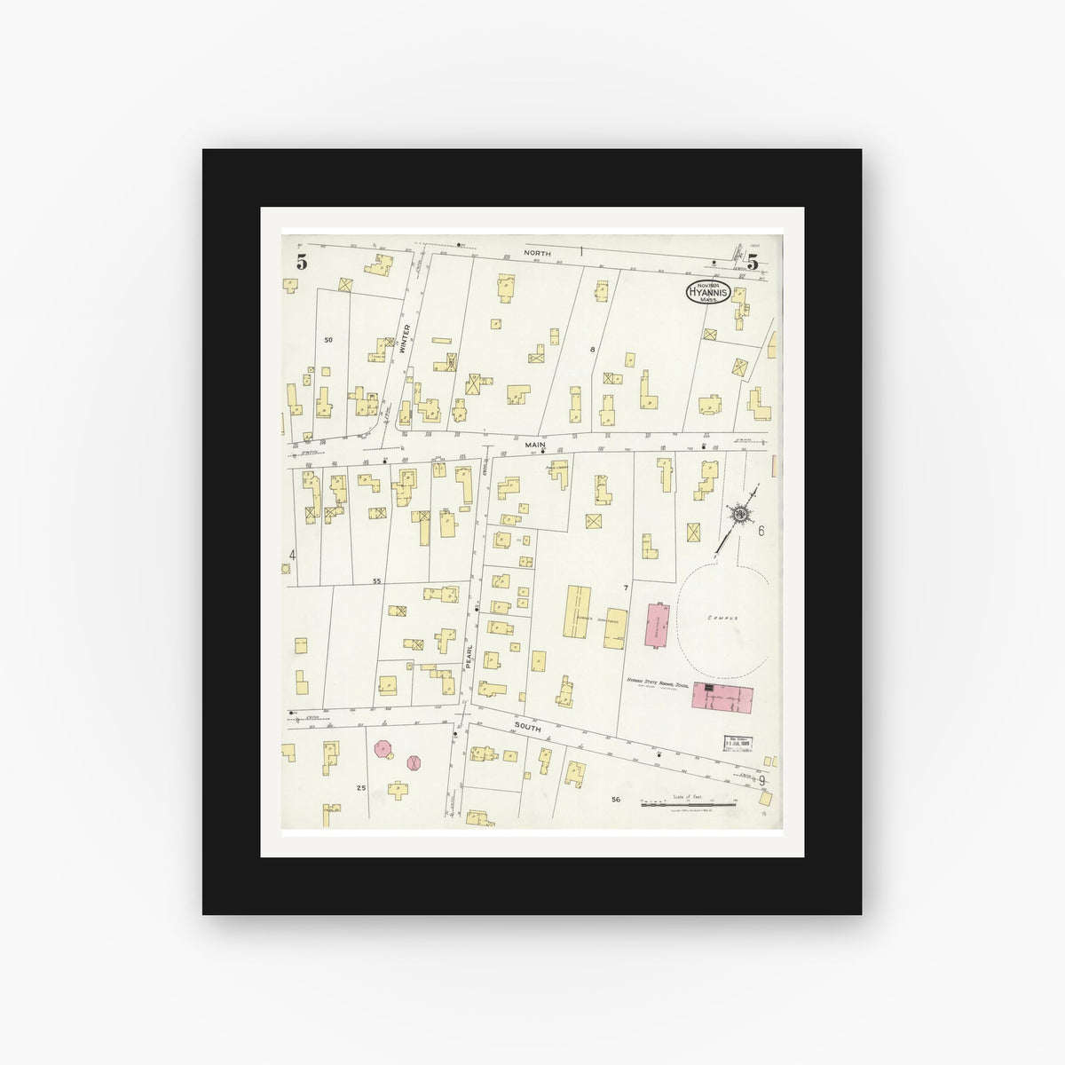 Old map wall art mockup — black gallery frame with white mat — Sanborn Fire Insurance Map from Hyannis, Barnstable County, Massachusetts (1924), Sheet #0005