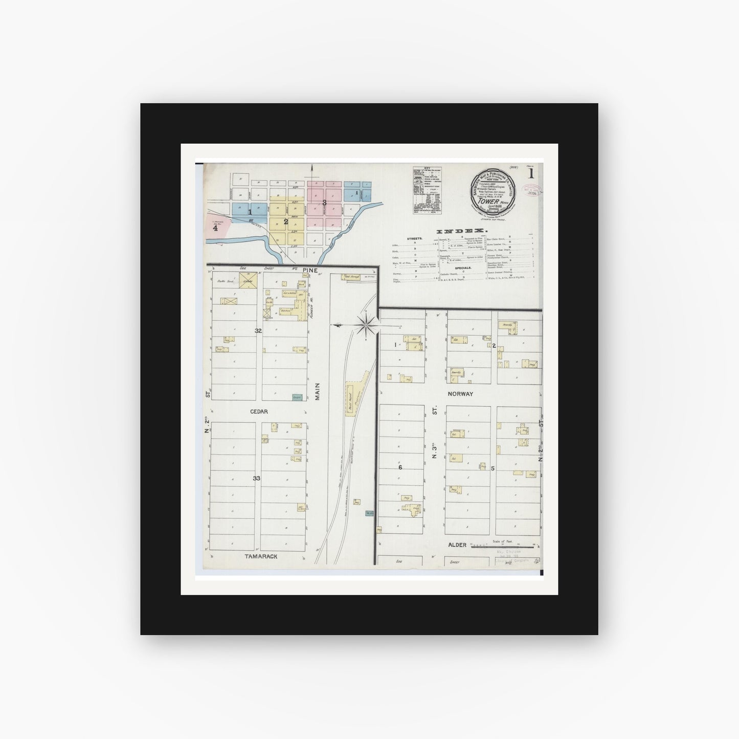 Old map wall art mockup — black gallery frame with white mat — Sanborn Fire Insurance Map from Tower, Saint Louis County, Minnesota (1888) - Complete Map Set