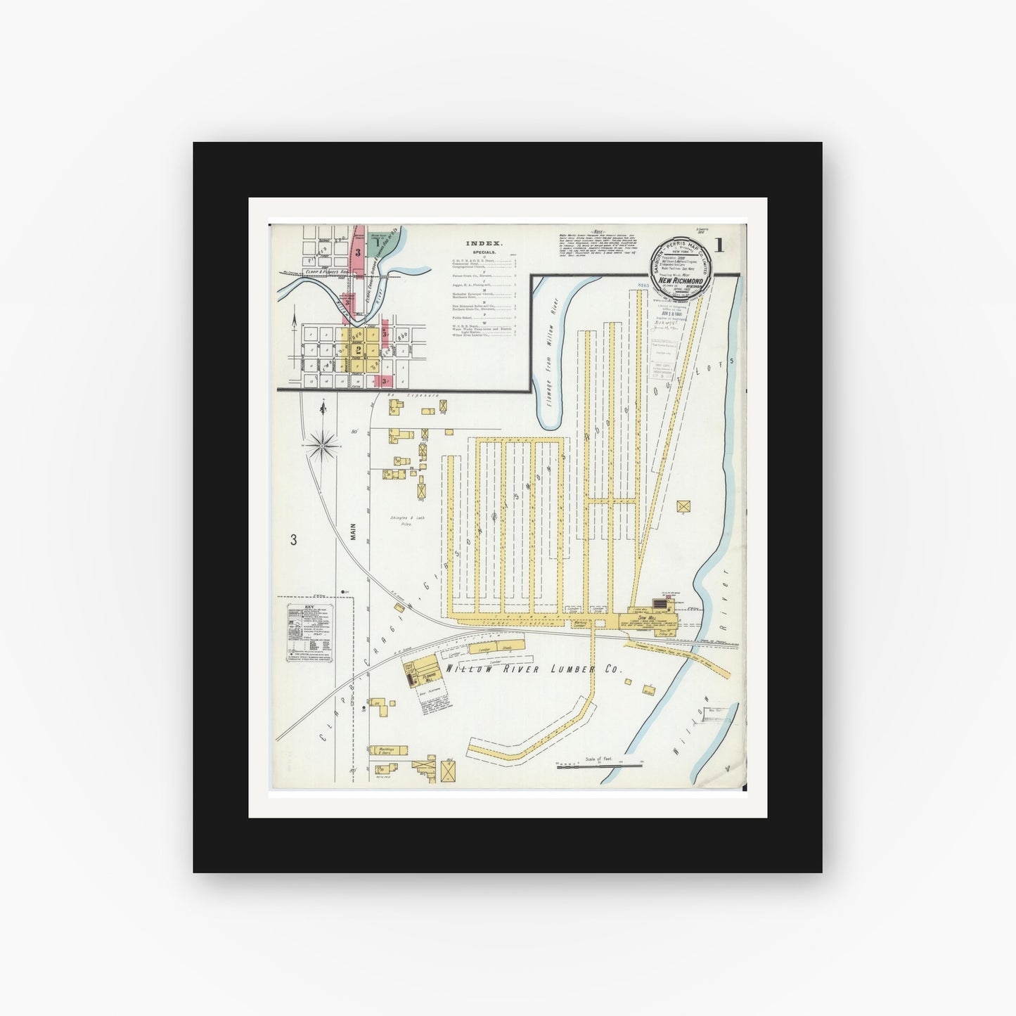 Old map wall art mockup — black gallery frame with white mat — Sanborn Fire Insurance Map from New Richmond, St. Croix County, Wisconsin (1900) - Complete Map Set