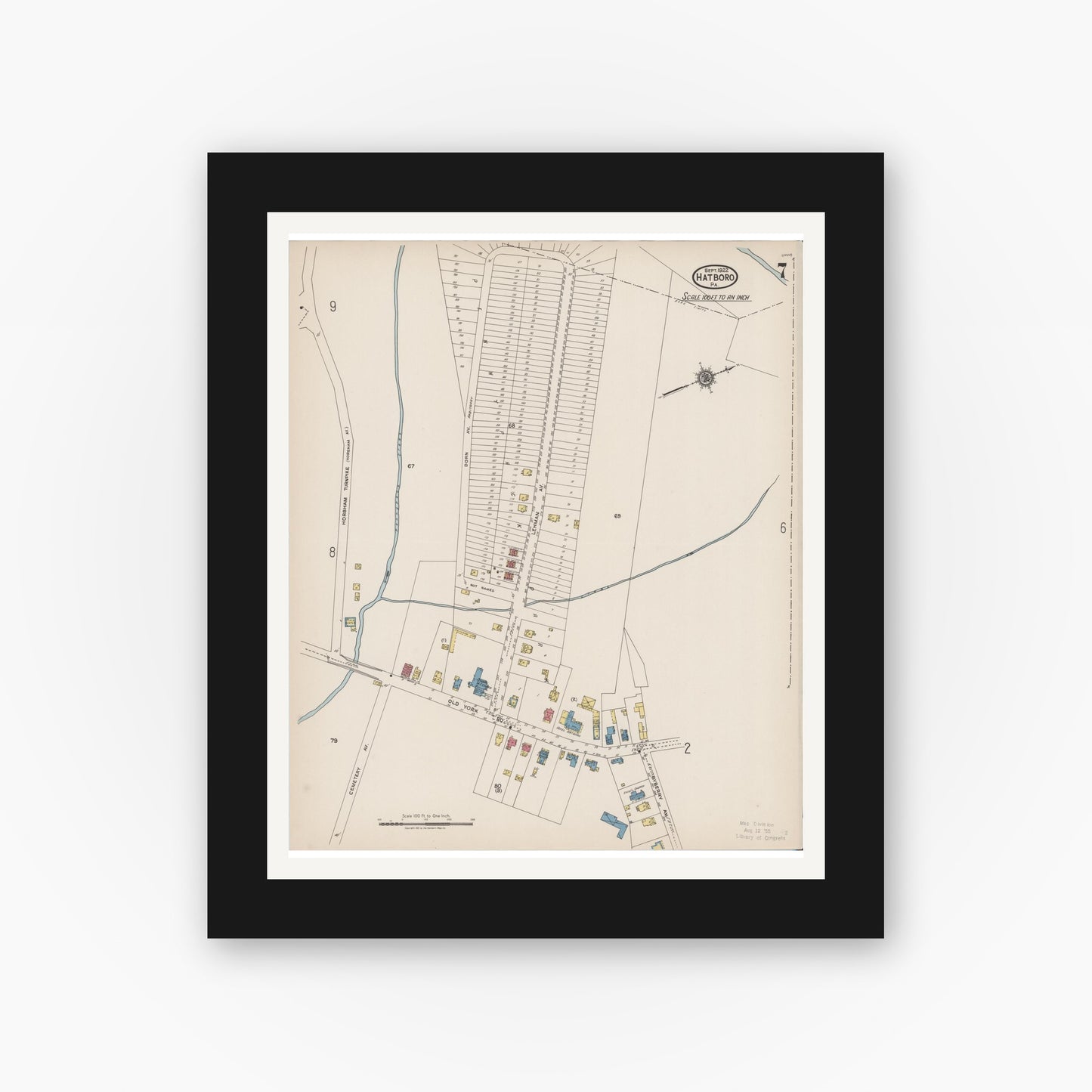Old map wall art mockup — black gallery frame with white mat — Sanborn Fire Insurance Map from Hatboro, Montgomery County, Pennsylvania (1922), Sheet #0007