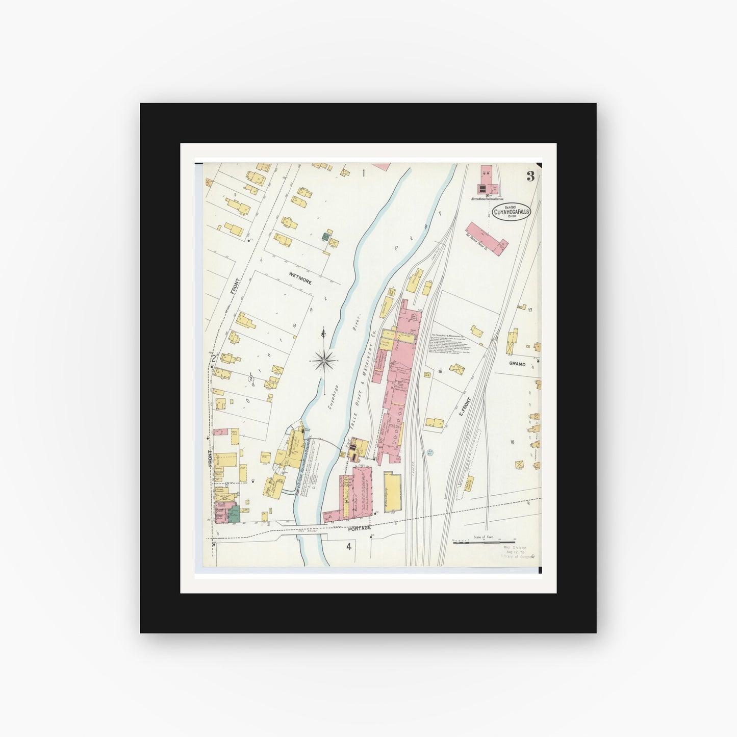 Old map wall art mockup — black gallery frame with white mat — Sanborn Fire Insurance Map from Cuyahoga Falls, Summit County, Ohio (1901), Sheet #0003