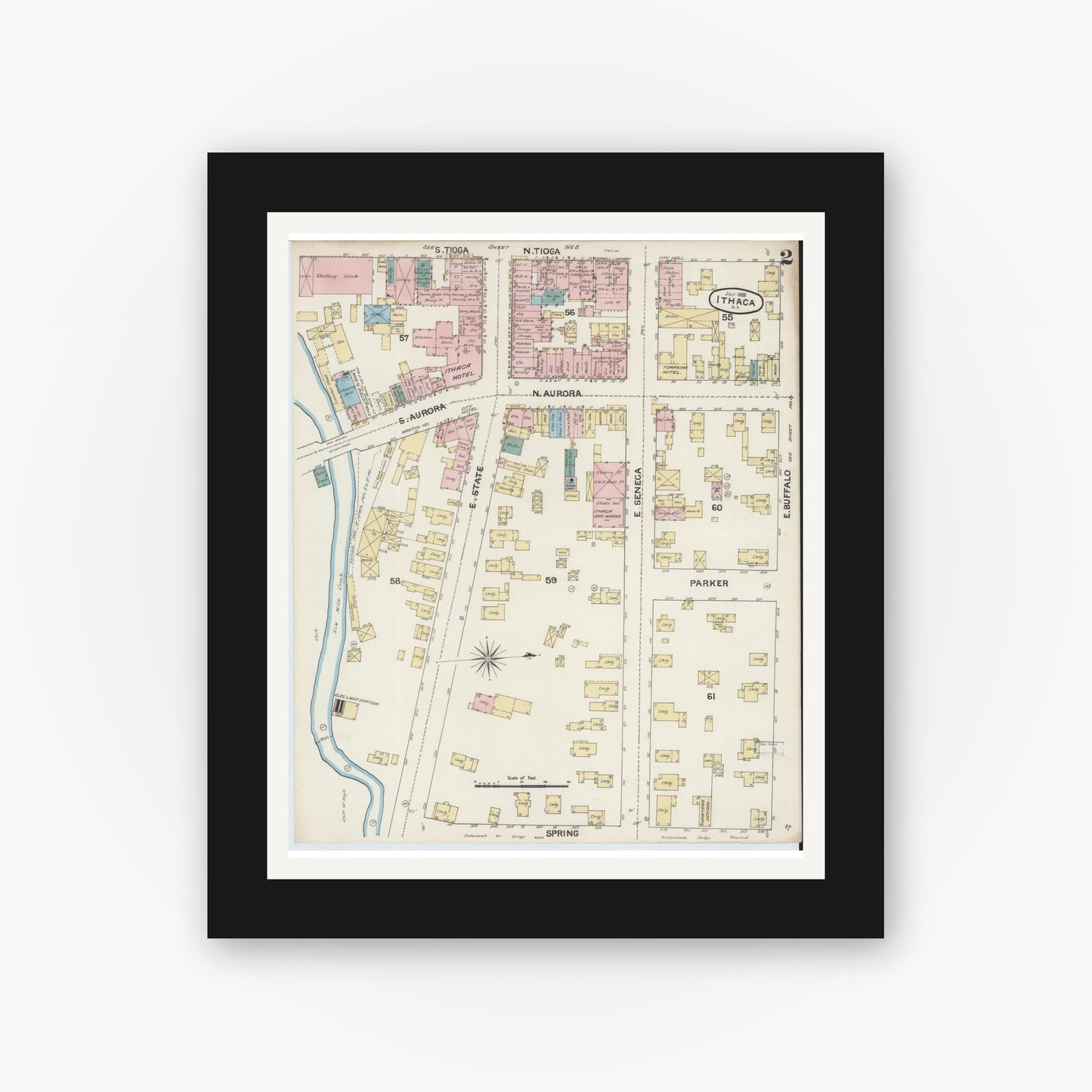 Old map wall art mockup — black gallery frame with white mat — Sanborn Fire Insurance Map from Ithaca, Tompkins County, New York (1888), Sheet #0002
