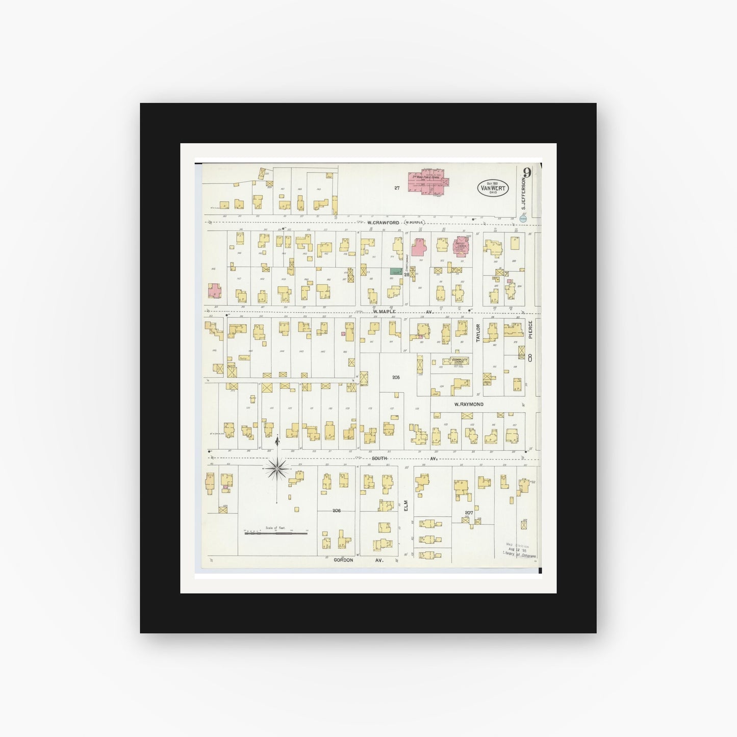 Old map wall art mockup — black gallery frame with white mat — Sanborn Fire Insurance Map from Van Wert, Van Wert County, Ohio (1901), Sheet #0009