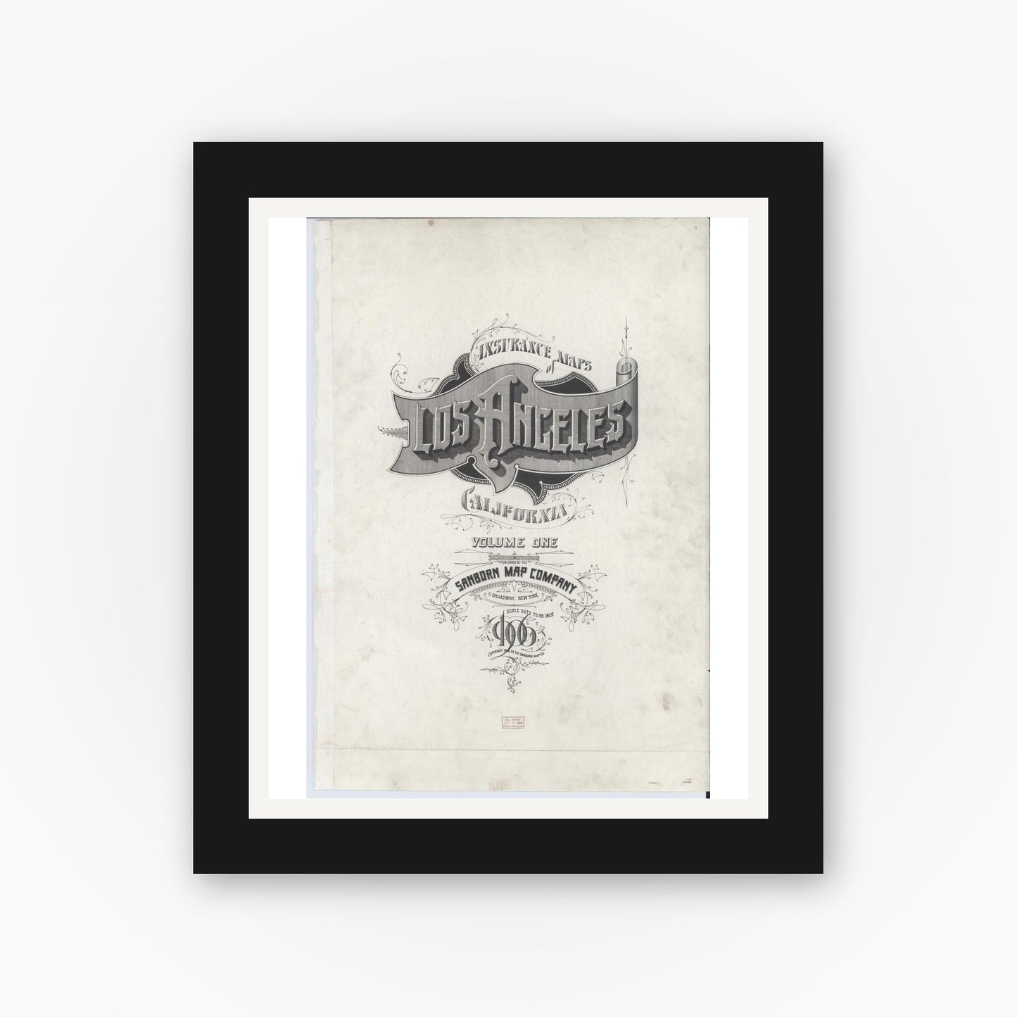 Old map wall art mockup — black gallery frame with white mat — Sanborn Fire Insurance Map from Los Angeles, Los Angeles County, California (1906), Sheet #0001