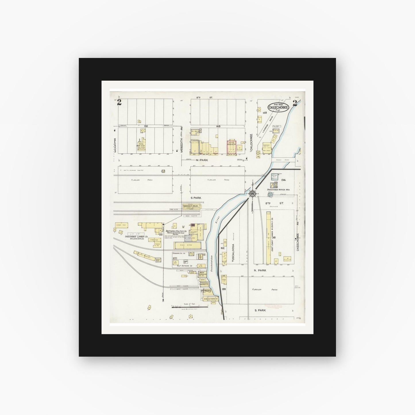 Old map wall art mockup — black gallery frame with white mat — Sanborn Fire Insurance Map from Okeechobee, Okeechobee County, Florida (1925), Sheet #0002