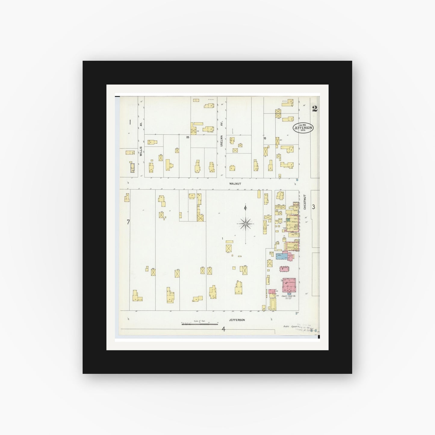 Old map wall art mockup — black gallery frame with white mat — Sanborn Fire Insurance Map from Jefferson, Ashtabula County, Ohio (1902), Sheet #0002