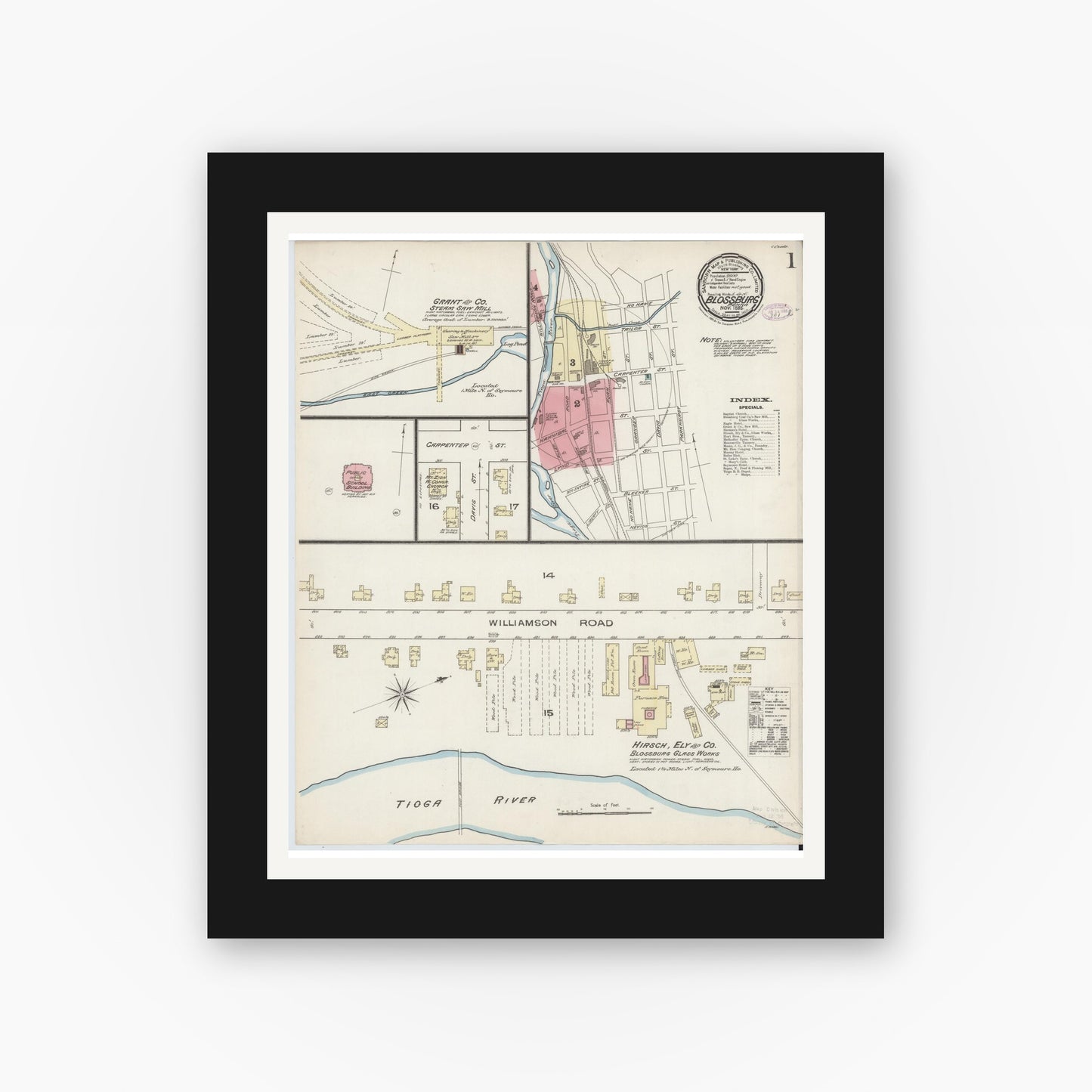 Old map wall art mockup — black gallery frame with white mat — Sanborn Fire Insurance Map from Blossburg, Tioga County, Pennsylvania (1885) - Complete Map Set