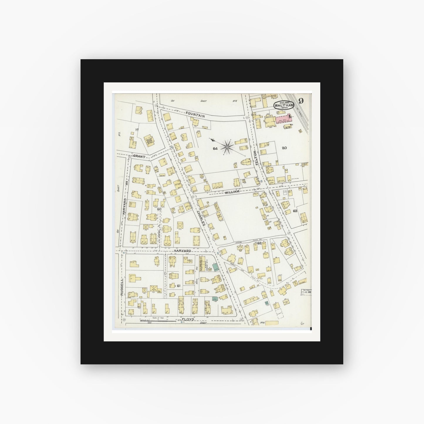 Old map wall art mockup — black gallery frame with white mat — Sanborn Fire Insurance Map from Waltham, Middlesex County, Massachusetts (1892), Sheet #0009
