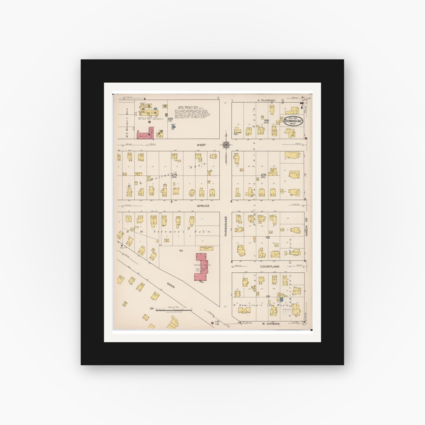 Old map wall art mockup — black gallery frame with white mat — Sanborn Fire Insurance Map from Dowagiac, Cass County, Michigan (1922), Sheet #0007