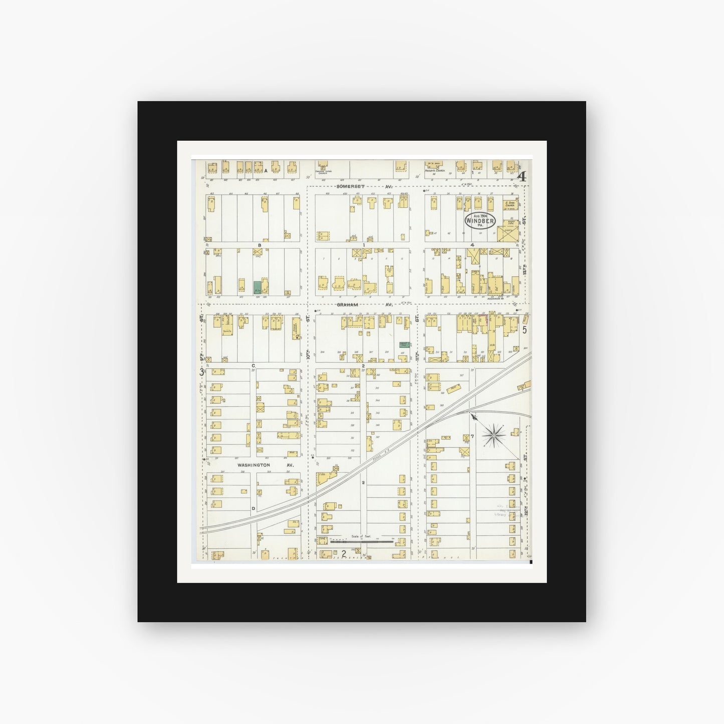 Old map wall art mockup — black gallery frame with white mat — Sanborn Fire Insurance Map from Windber, Somerset County, Pennsylvania (1904), Sheet #0004