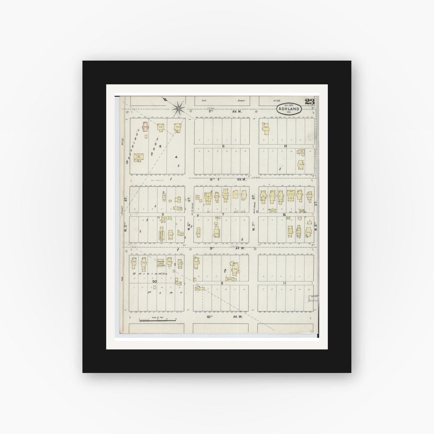 Old map wall art mockup — black gallery frame with white mat — Sanborn Fire Insurance Map from Ashland, Ashland County, Wisconsin (1890), Sheet #0023