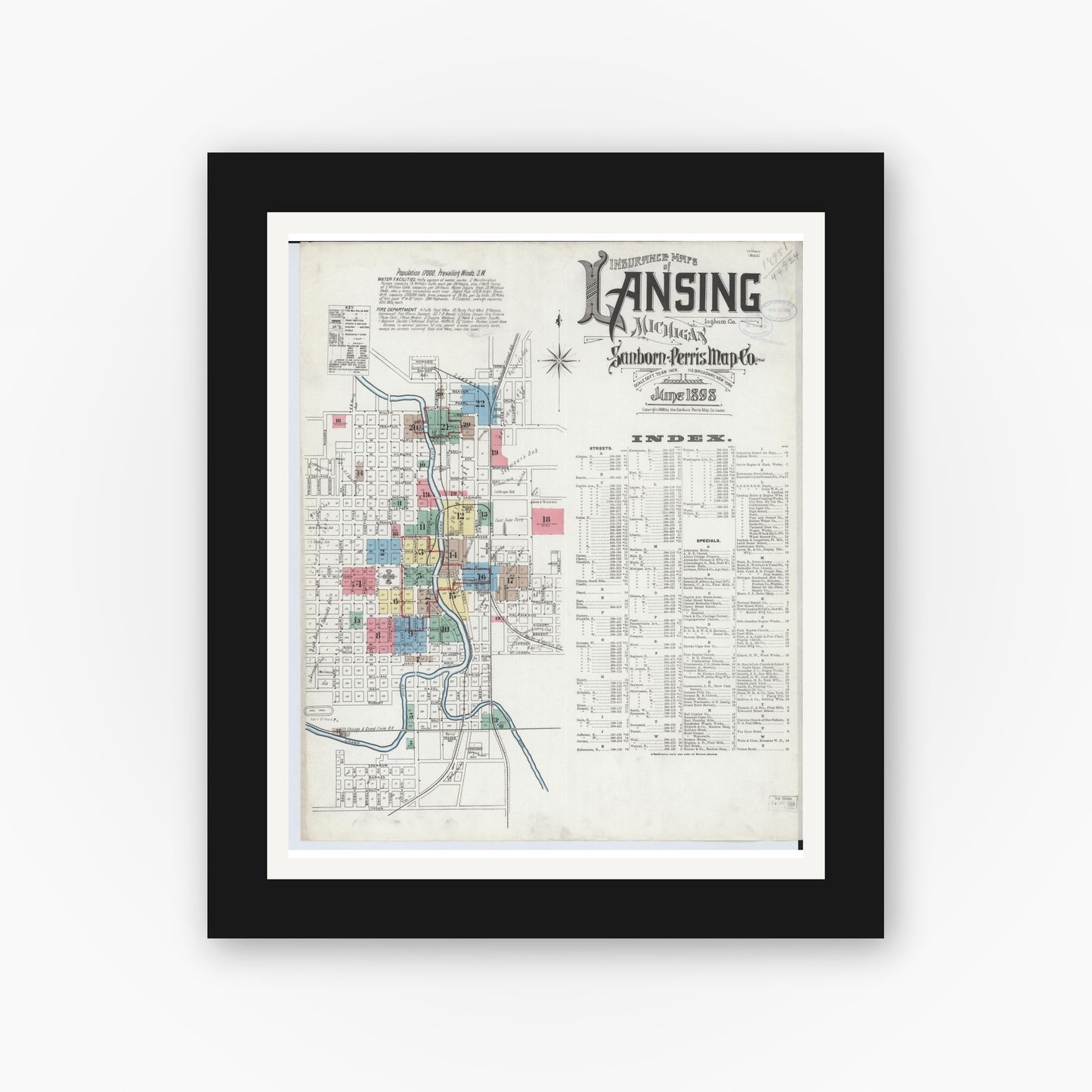Old map wall art mockup — black gallery frame with white mat — Sanborn Fire Insurance Map from Lansing, Ingham County, Michigan (1898) - Complete Map Set