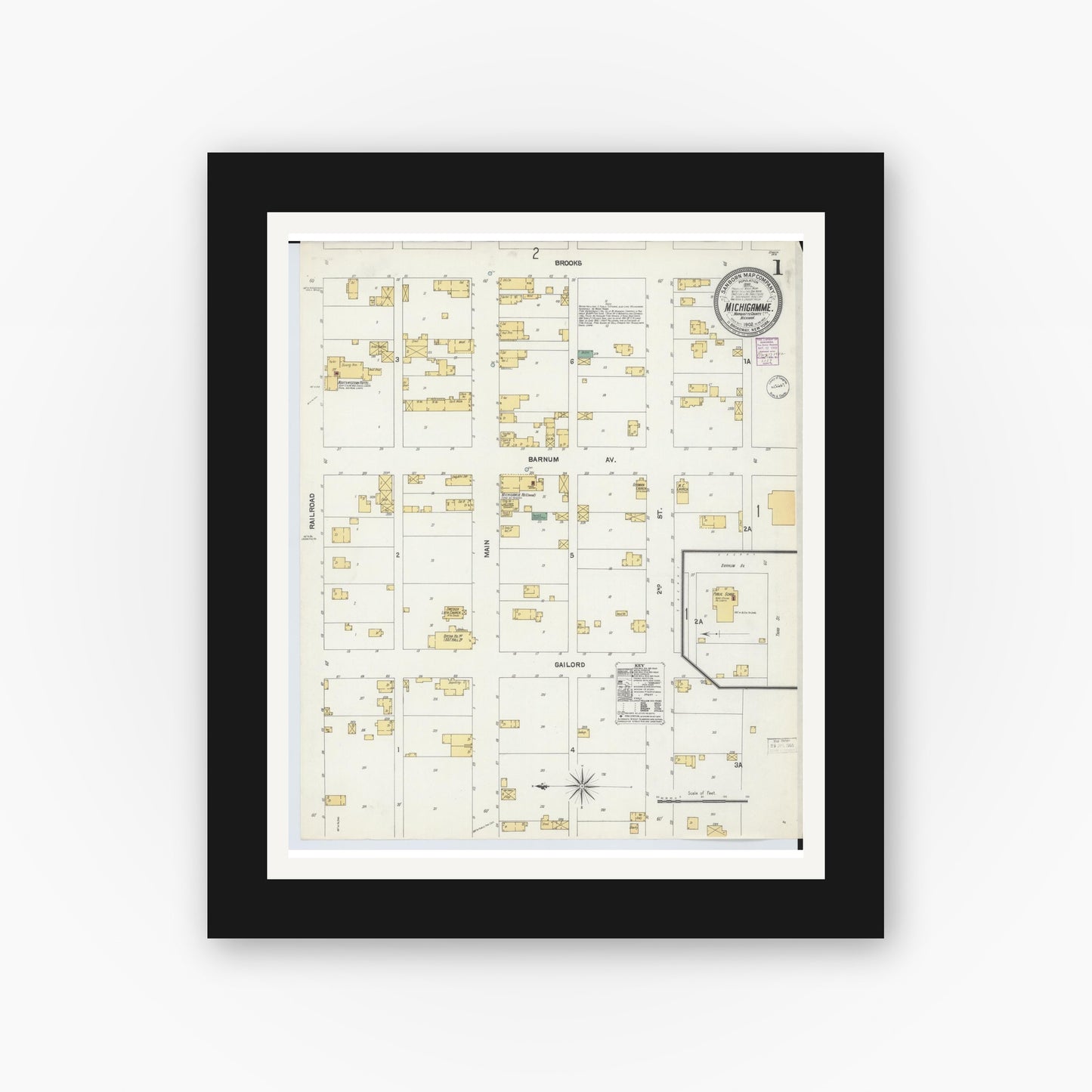 Old map wall art mockup — black gallery frame with white mat — Sanborn Fire Insurance Map from Michigamme, Marquette County, Michigan (1902) - Complete Map Set