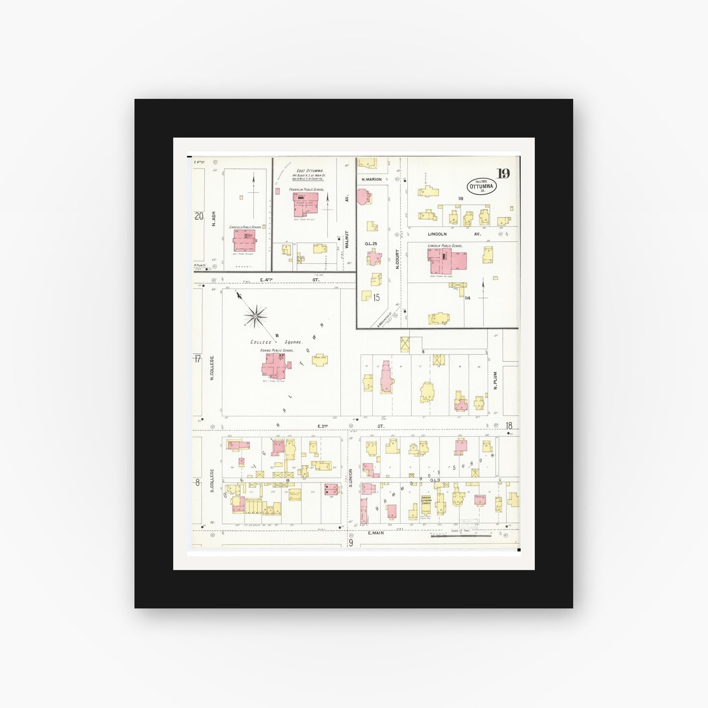 Old map wall art mockup — black gallery frame with white mat — Sanborn Fire Insurance Map from Ottumwa, Wapello County, Iowa (1902), Sheet #0019