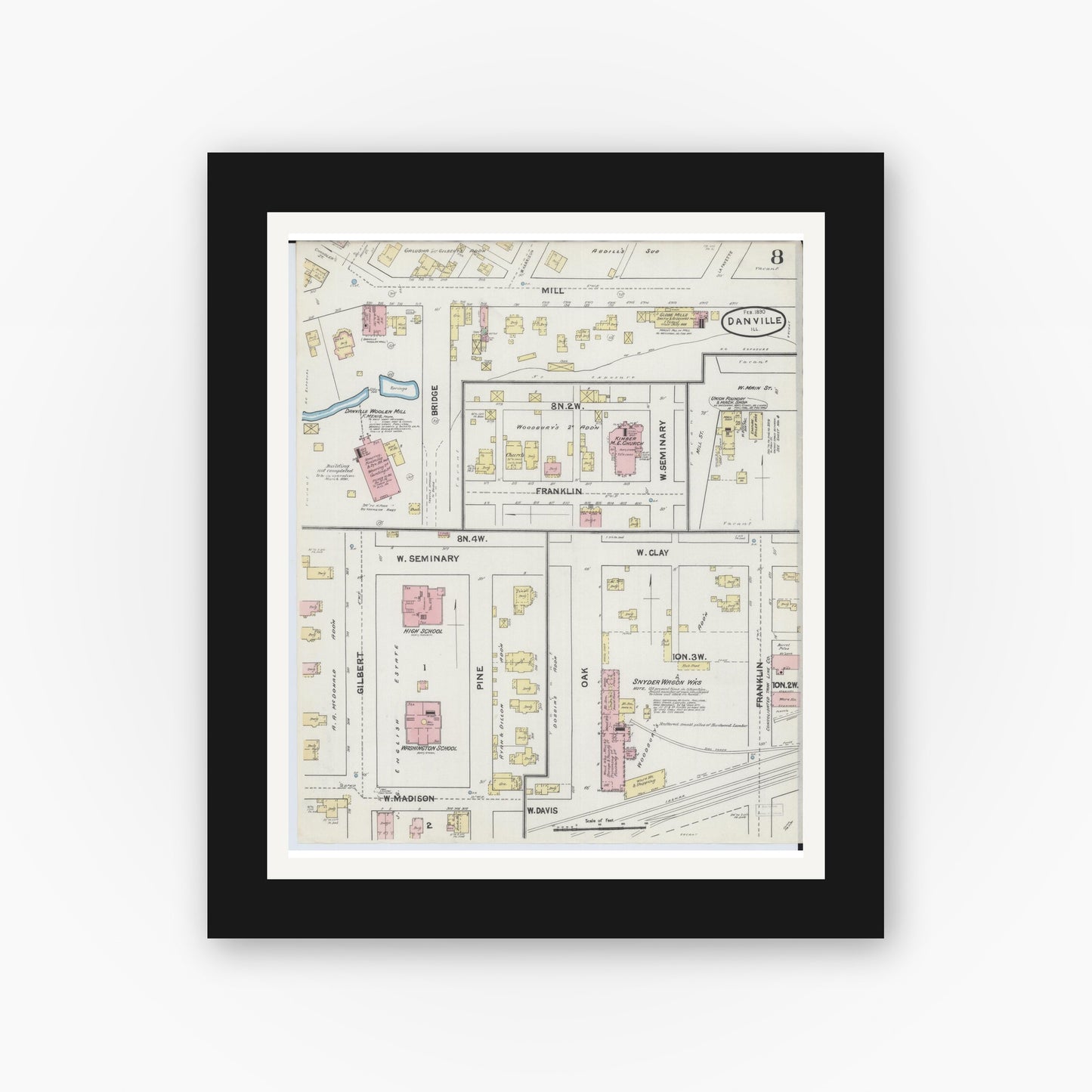 Old map wall art mockup — black gallery frame with white mat — Sanborn Fire Insurance Map from Danville, Vermilion County, Illinois (1890), Sheet #0008