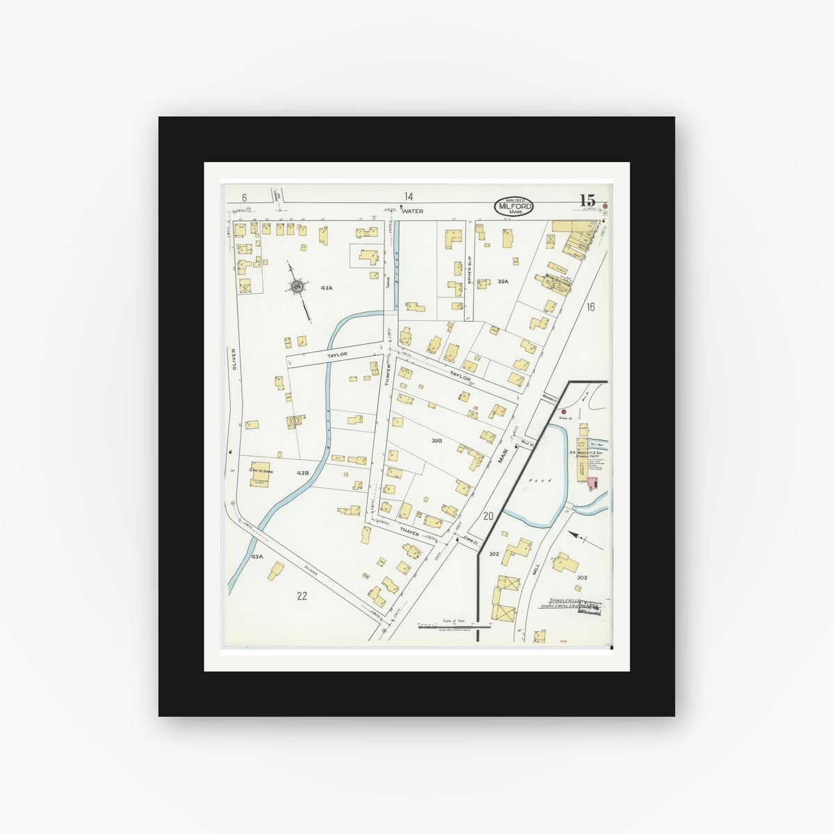 Old map wall art mockup — black gallery frame with white mat — Sanborn Fire Insurance Map from Milford, Worcester County, Massachusetts (1920), Sheet #0015