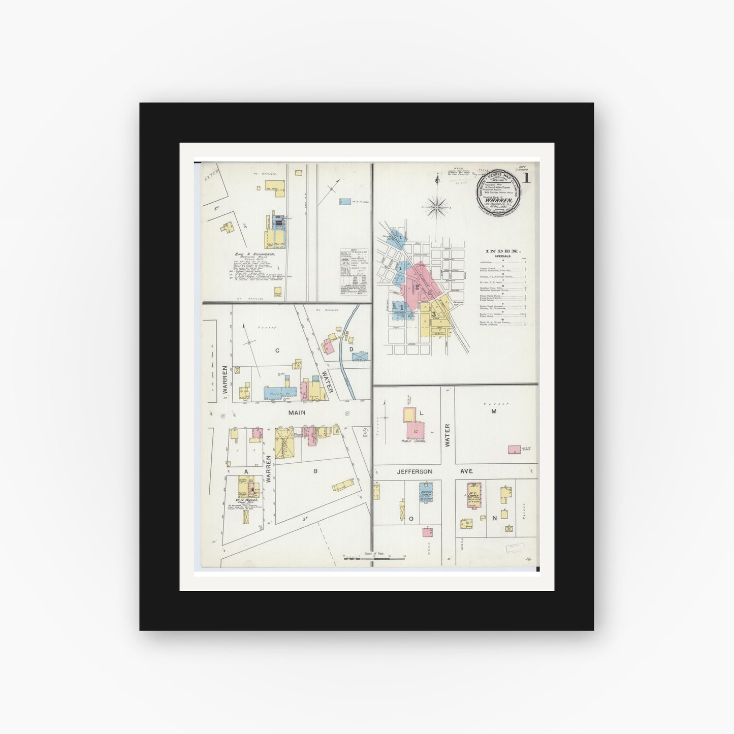 Old map wall art mockup — black gallery frame with white mat — Sanborn Fire Insurance Map from Warren, Jo Daviess County, Illinois (1893), Sheet #0001