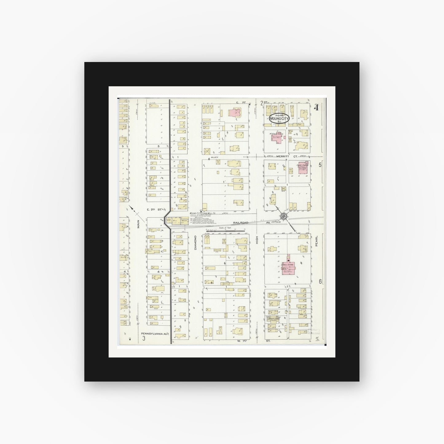 Old map wall art mockup — black gallery frame with white mat — Sanborn Fire Insurance Map from Mound City, Pulaski County, Illinois (1914), Sheet #0004