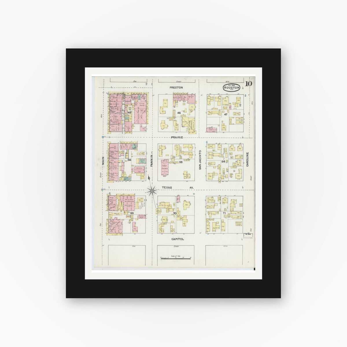 Old map wall art mockup — black gallery frame with white mat — Sanborn Fire Insurance Map from Houston, Harris County, Texas (1890), Sheet #0010